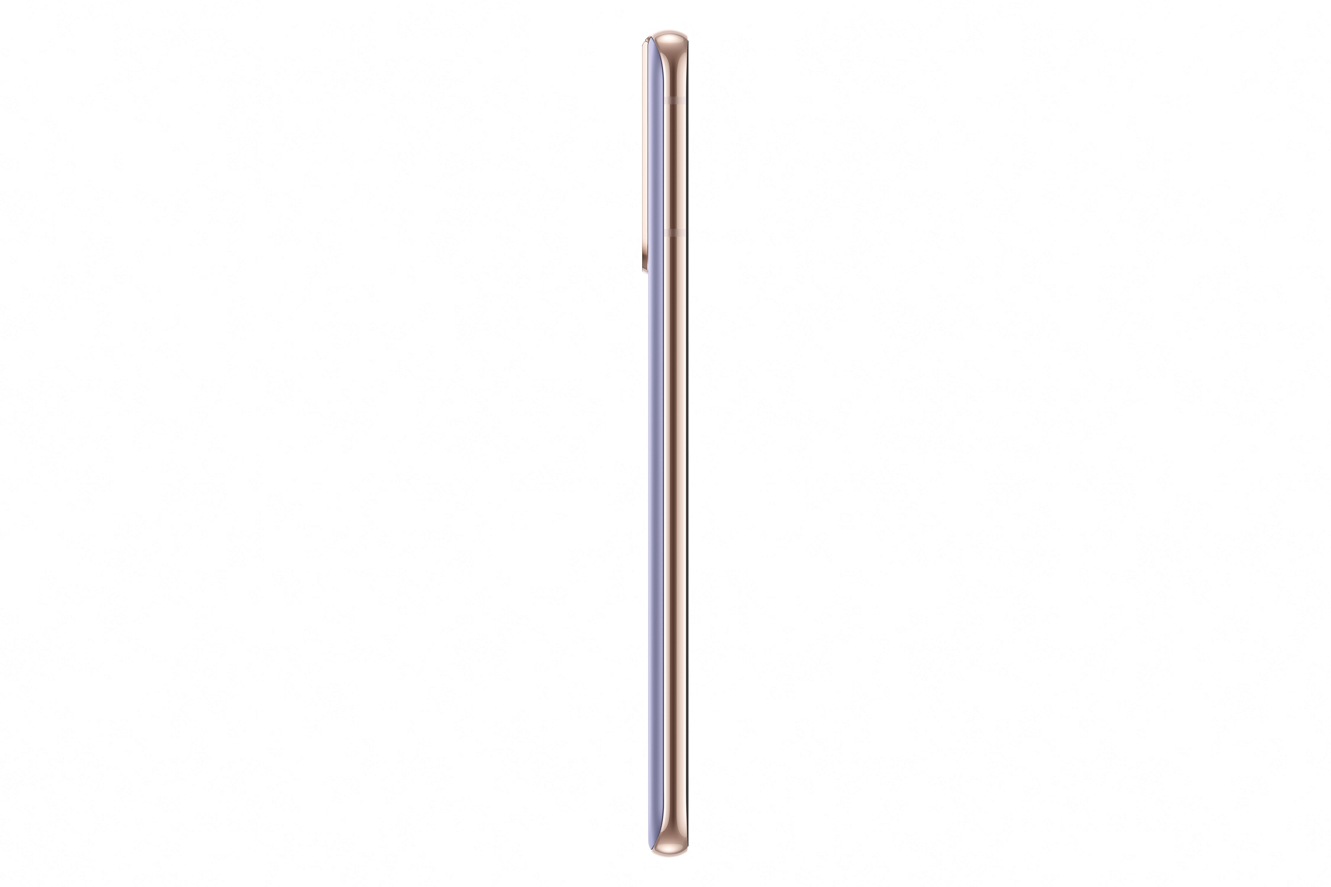 Schlankes Smartphone in Roségold- und Lila-Farbschema auf weißem Hintergrund.
