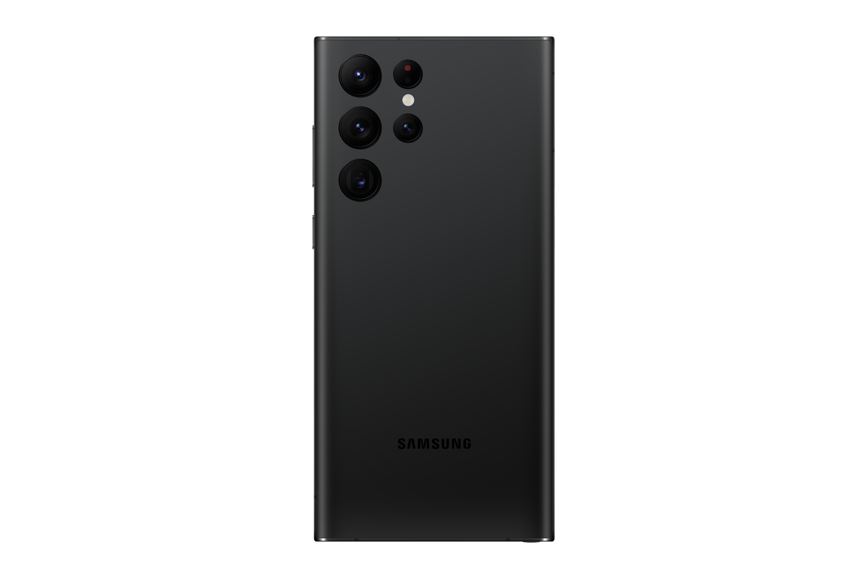 Schwarzes Samsung Galaxy Telefon, Rückansicht. Mehrere Kameras und das Wort 'SAMSUNG' sind sichtbar.