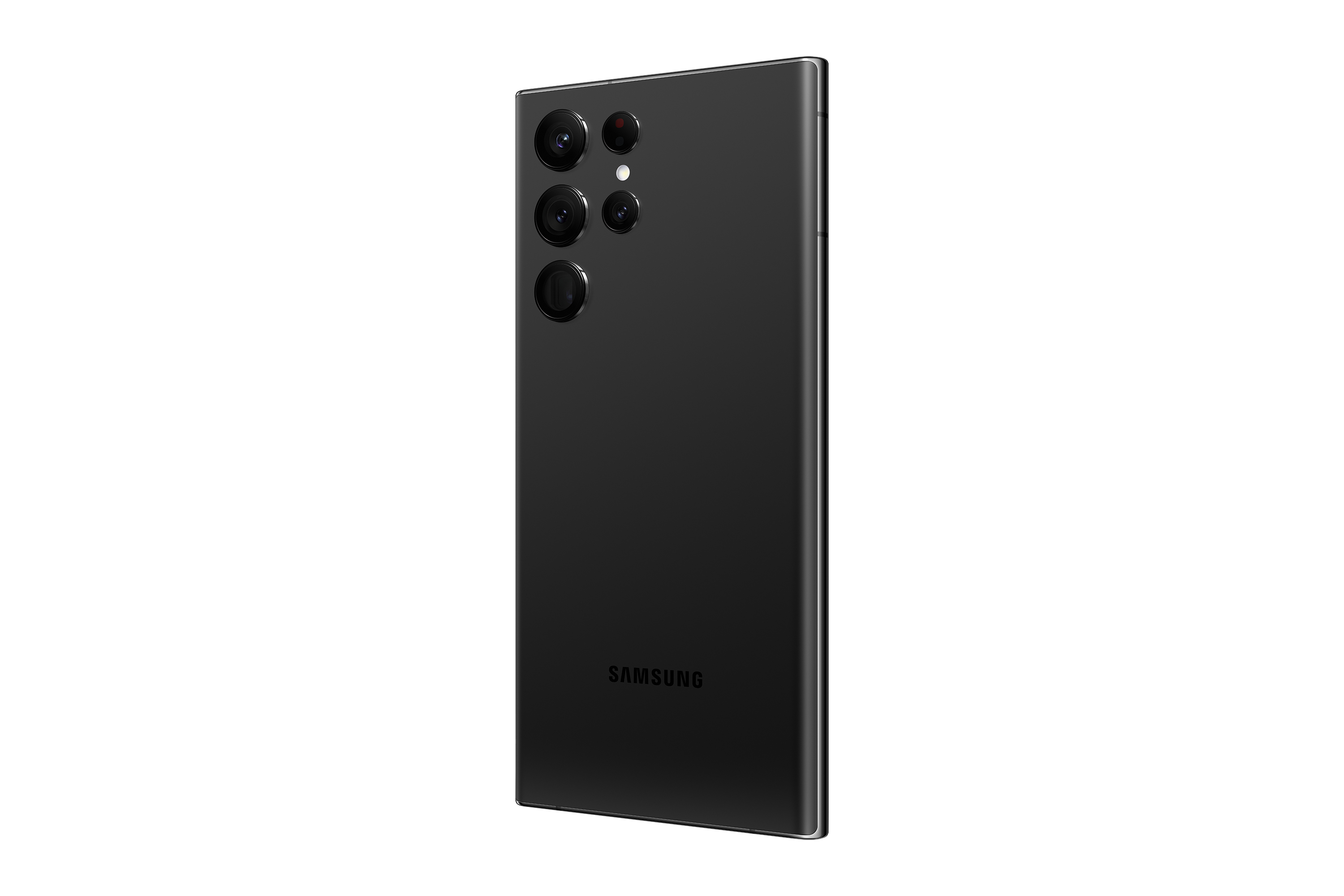 Schwarzes Telefon, Rückansicht, mehrere Kameras, Samsung Logo.