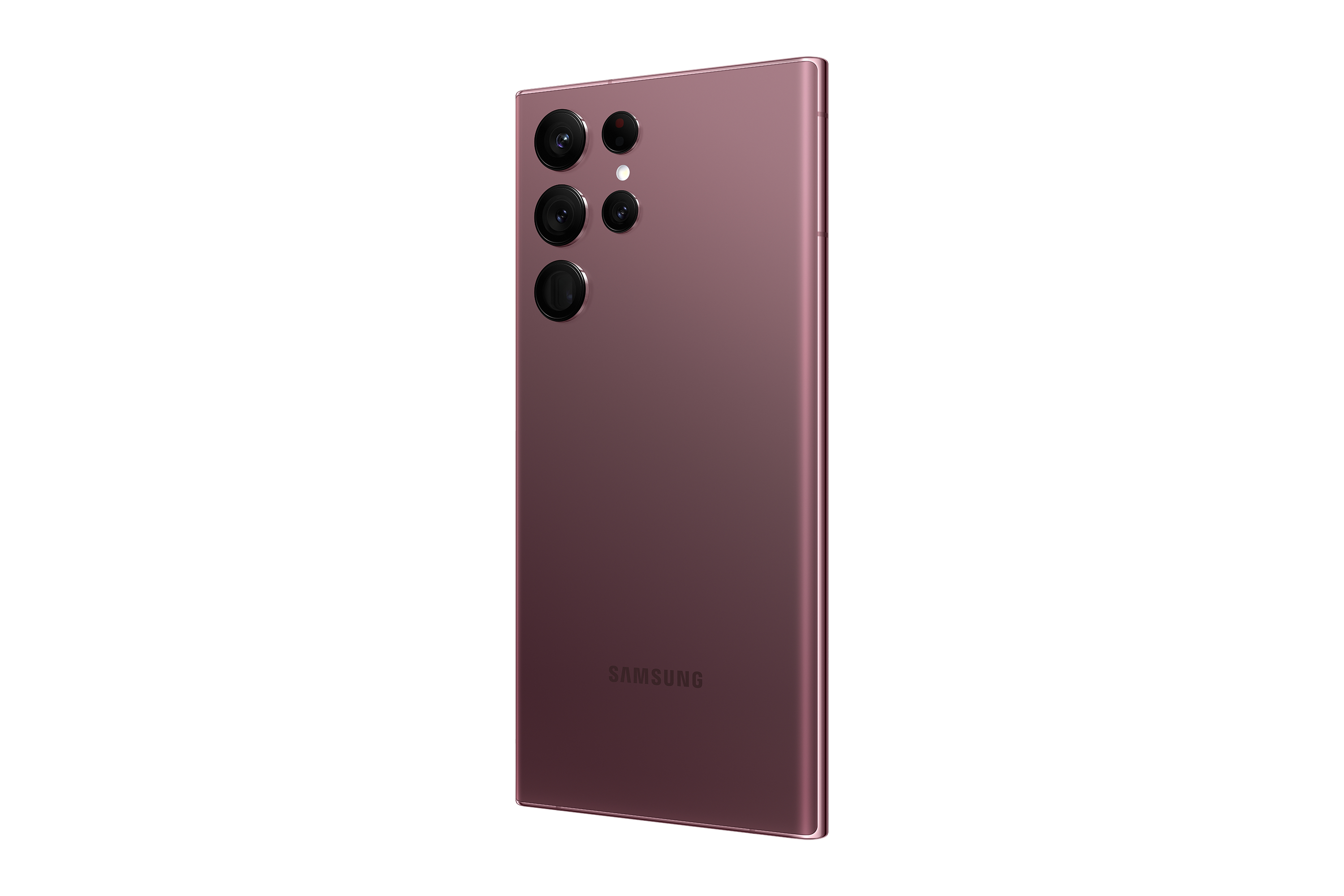 Ein pflaumenfarbenes Telefon, Rückansicht, mit Kameras. Das Telefon hat einen goldfarbenen Rahmen.