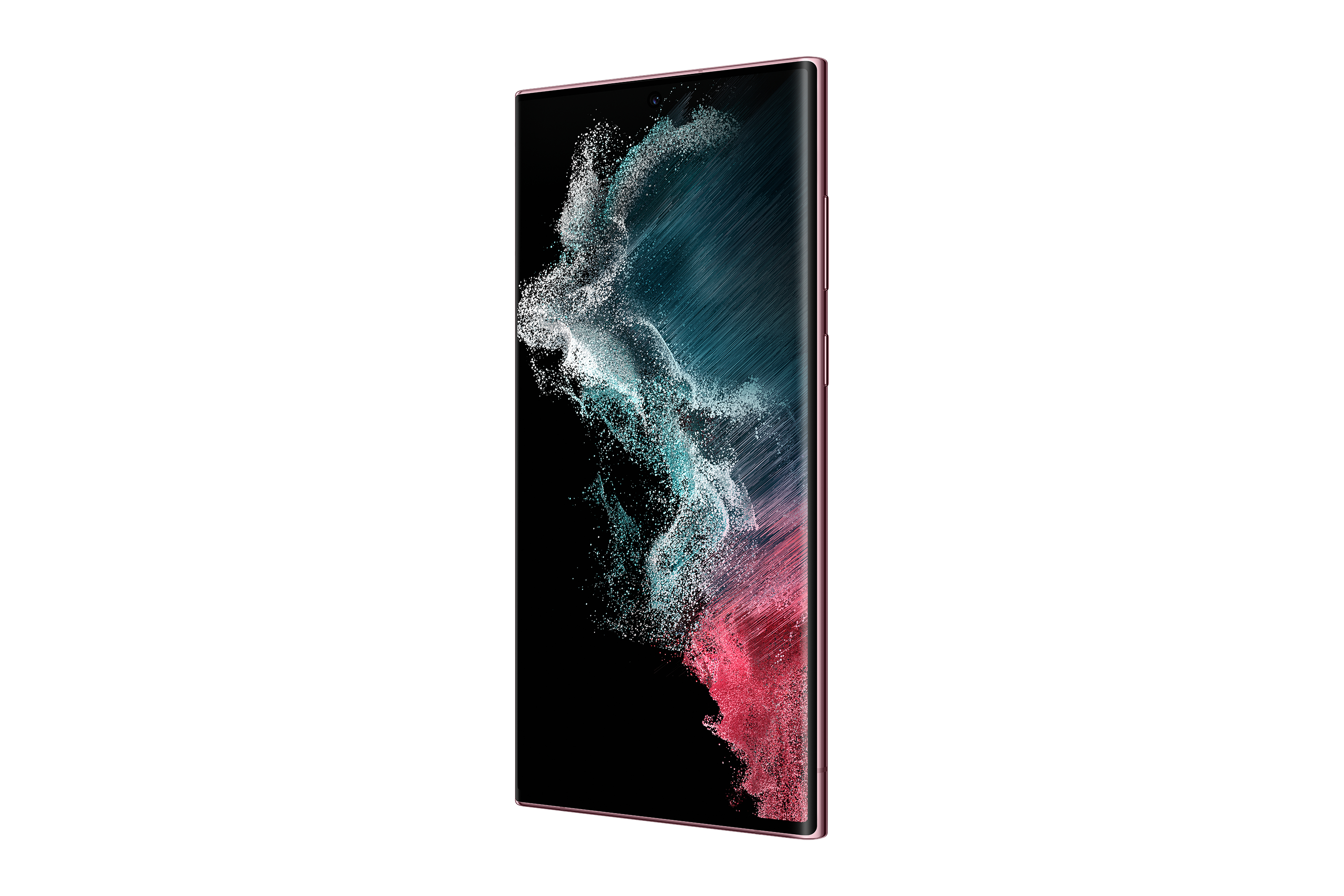 Ein Mobiltelefon in Roségold mit einem Bildschirm, der ein abstraktes, farbenfrohes Design zeigt.