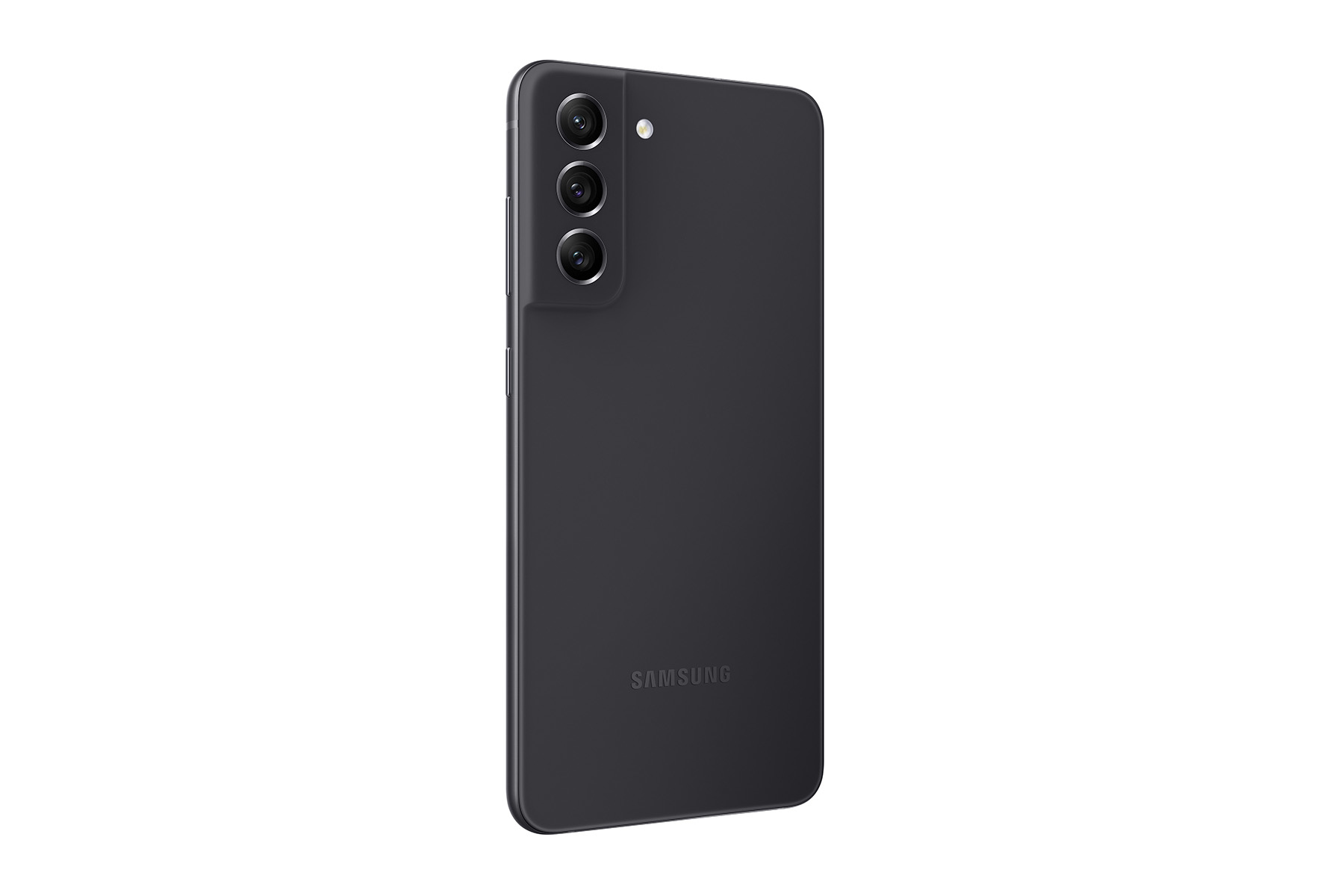Rückansicht eines schwarzen Smartphones mit drei Kameras und dem Samsung-Logo.