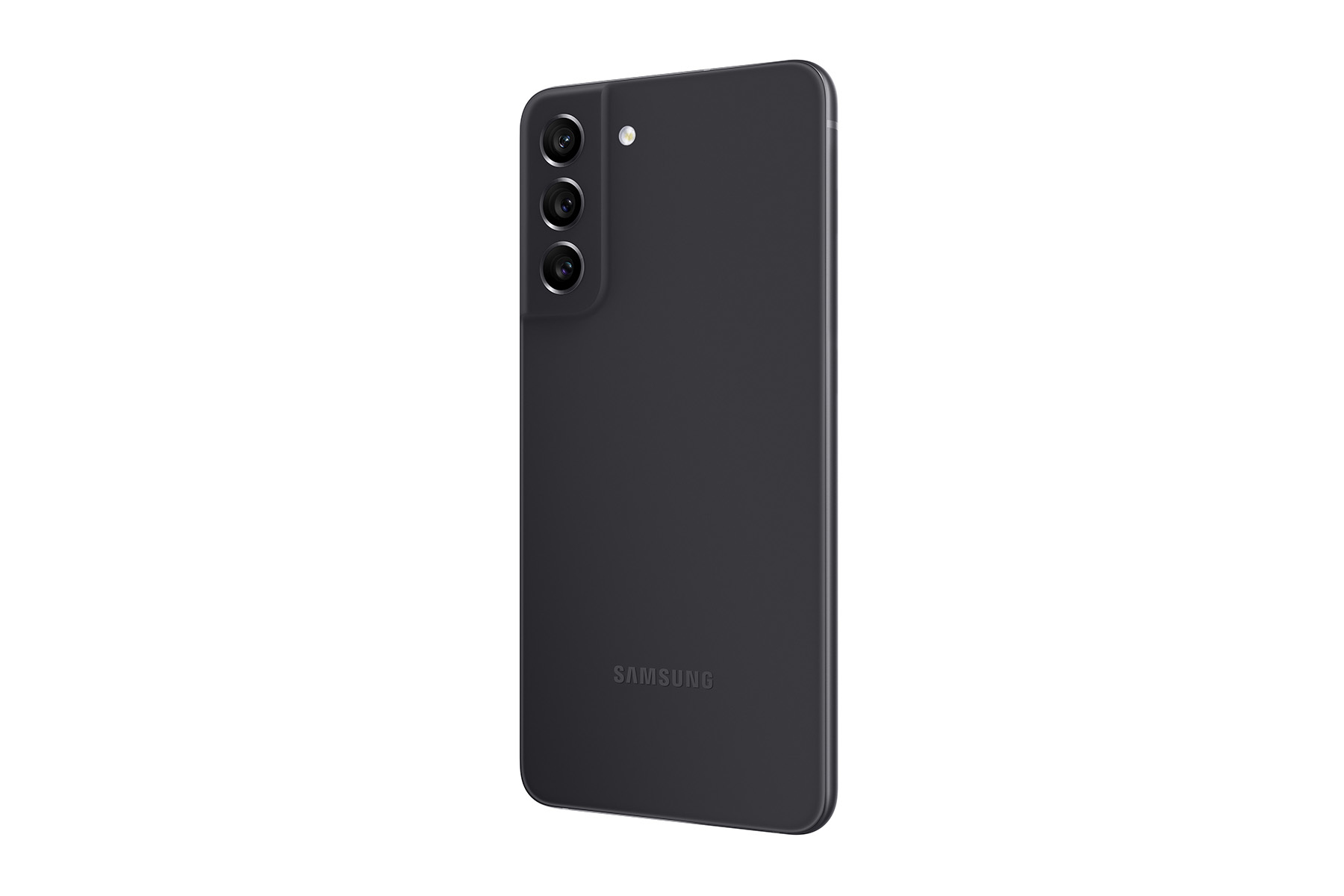 Rückansicht eines schwarzen Smartphones mit drei Kameras auf weißem Hintergrund.