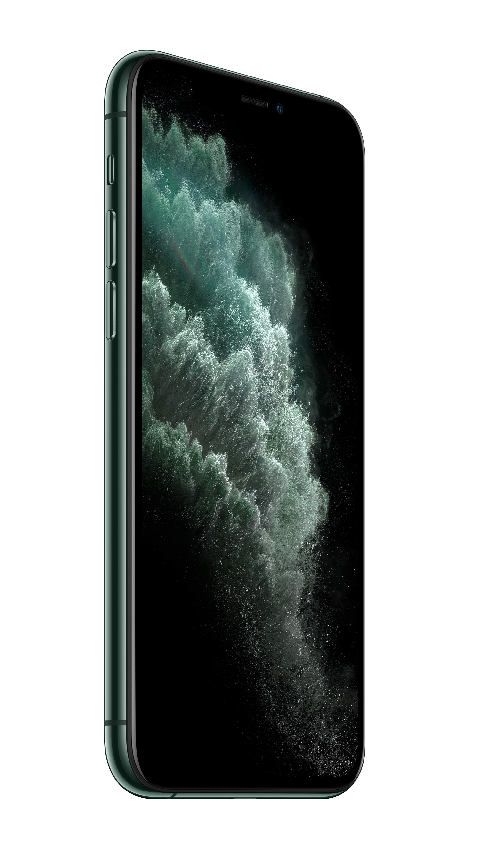 Grünes iPhone mit Bildschirm, der abstrakte Kunst zeigt. Seitenansicht, weißer Hintergrund.
