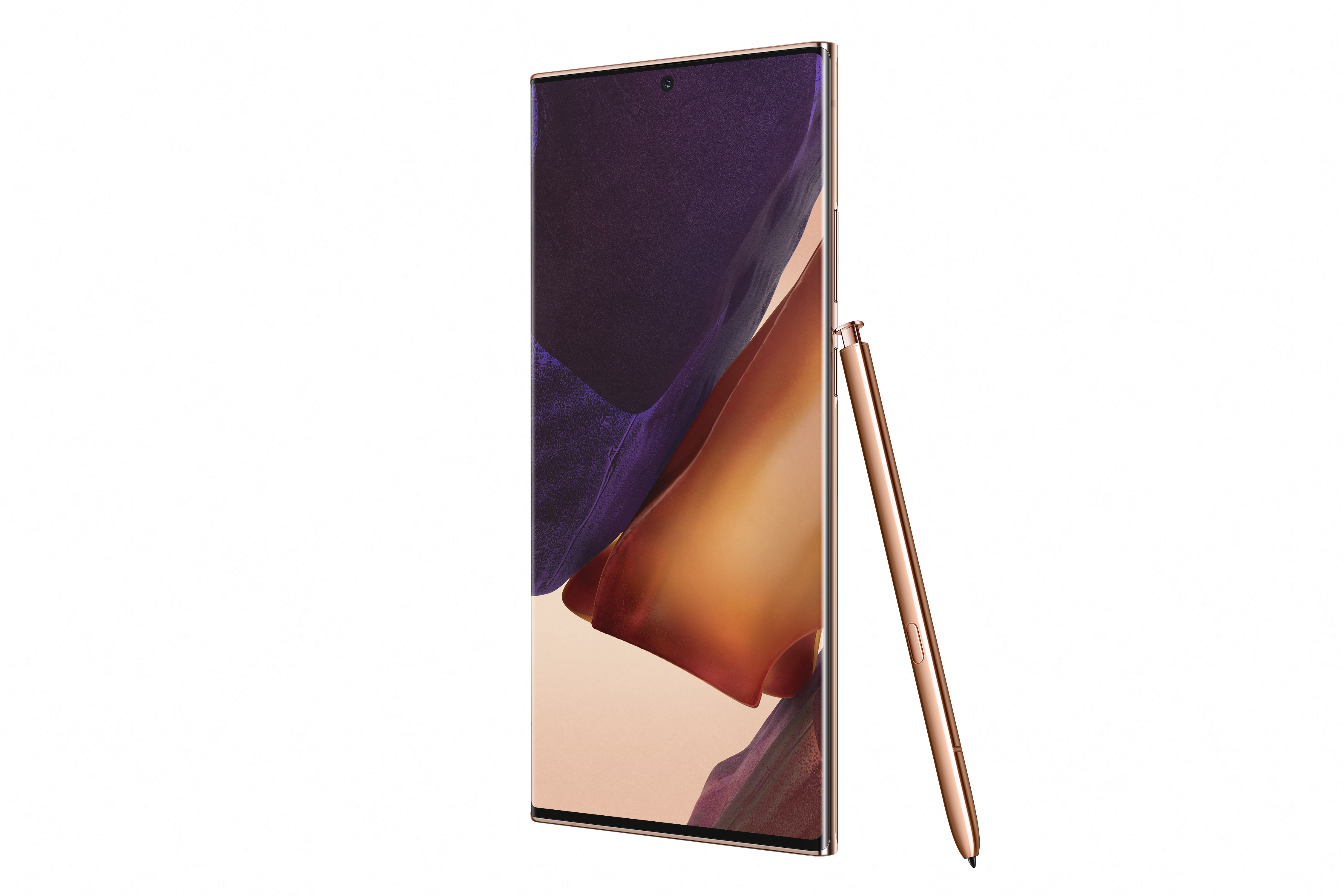 Un smartphone avec un stylo, vue en angle, le téléphone est doré, avec un écran violet et doré.
