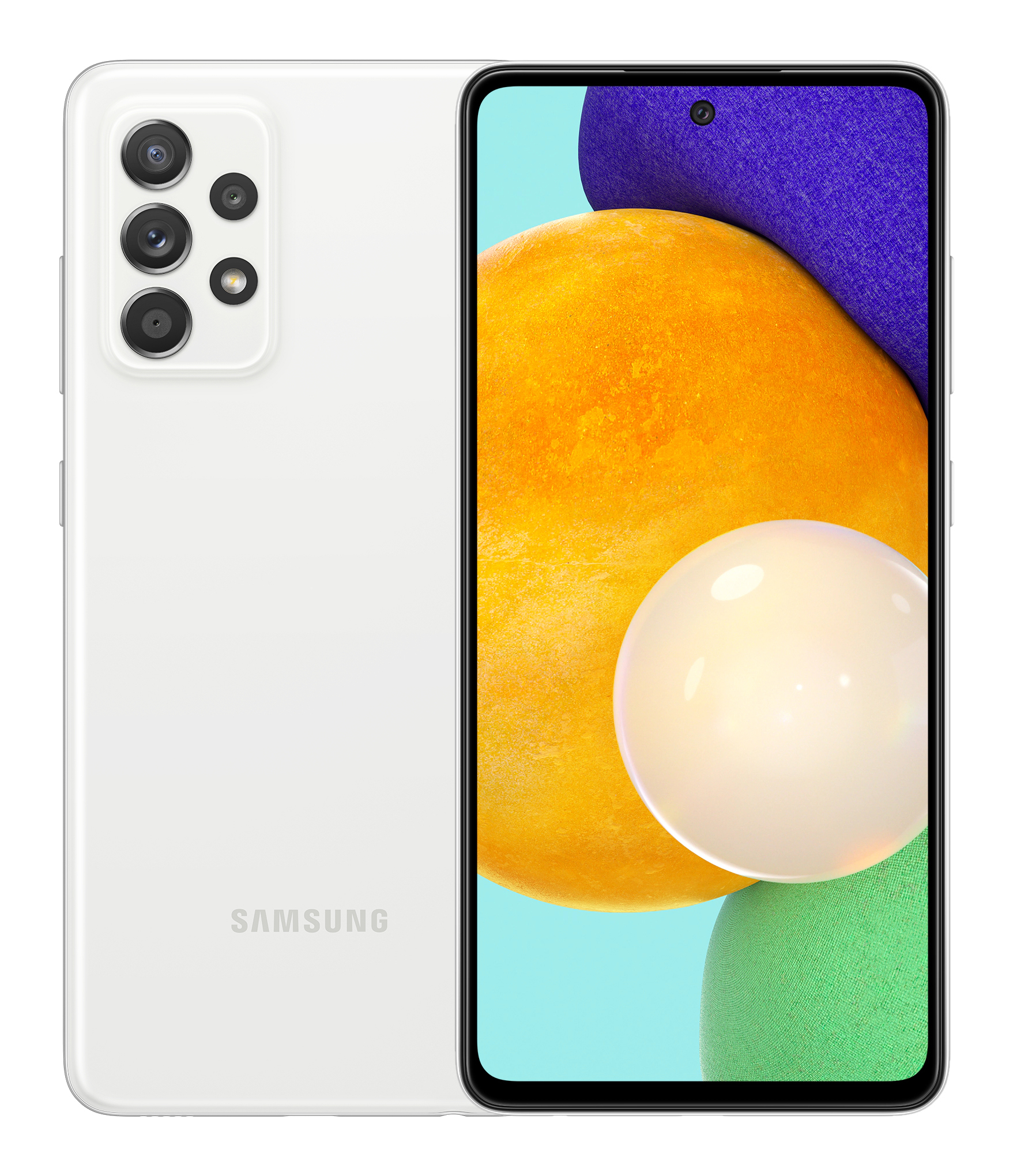 Biały smartfon z trzema aparatami z tyłu i dużym wyświetlaczem z przodu.