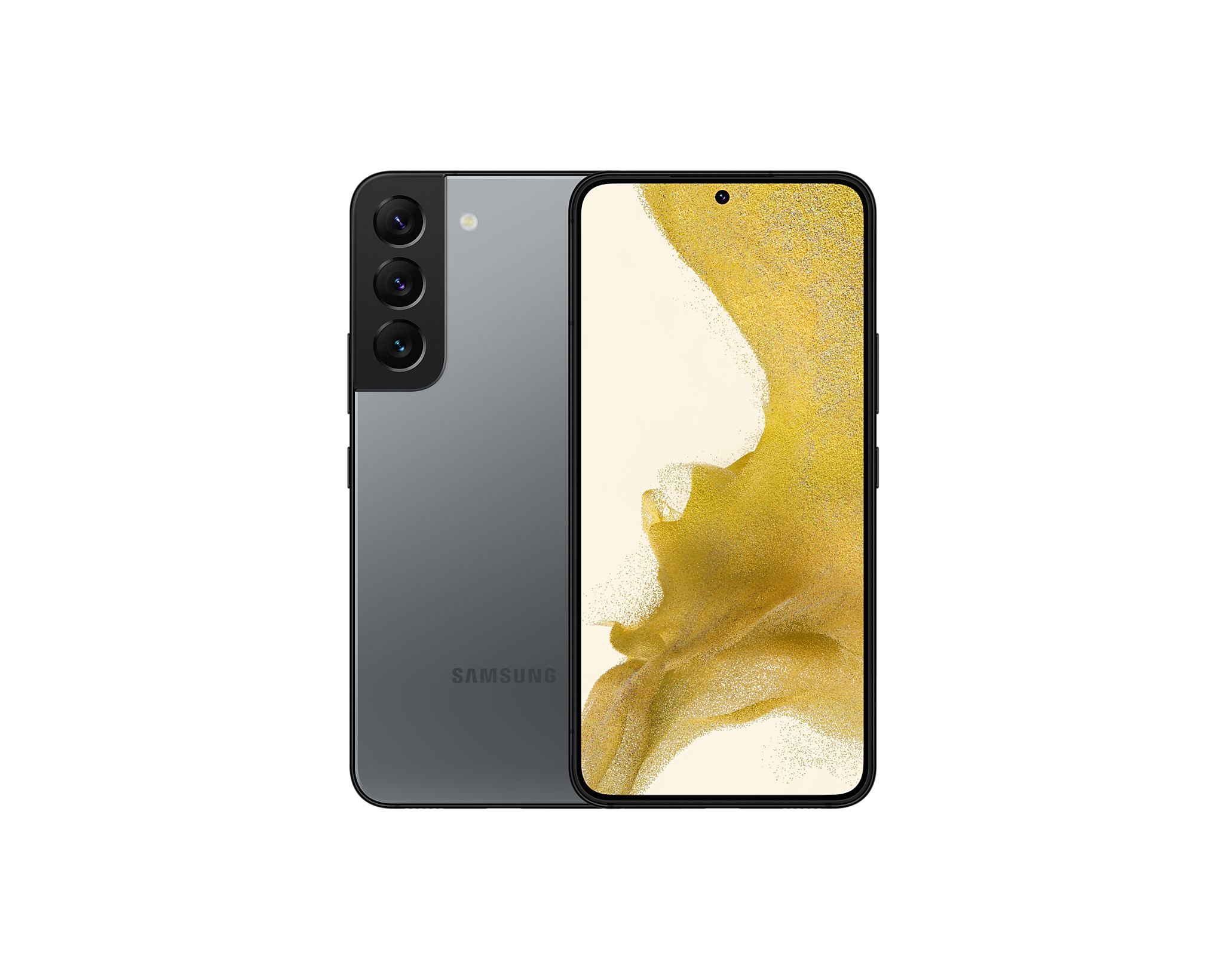 Szary telefon Samsung Galaxy S22, widok z tyłu i z przodu, na białym tle.