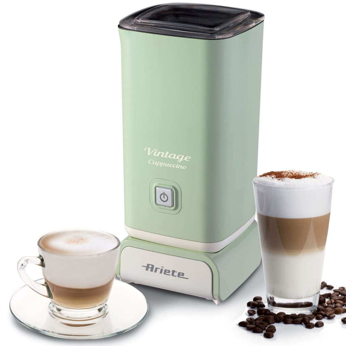 Eine grüne Vintage Cappuccino Maschine mit zwei Kaffeegetränken.