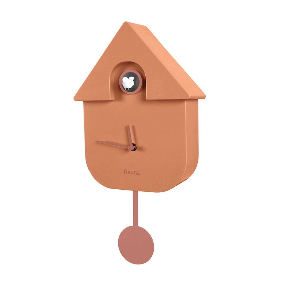 Orologio a cucù arancione a forma di casa. Presenta un uccello e le lancette dell'orologio.