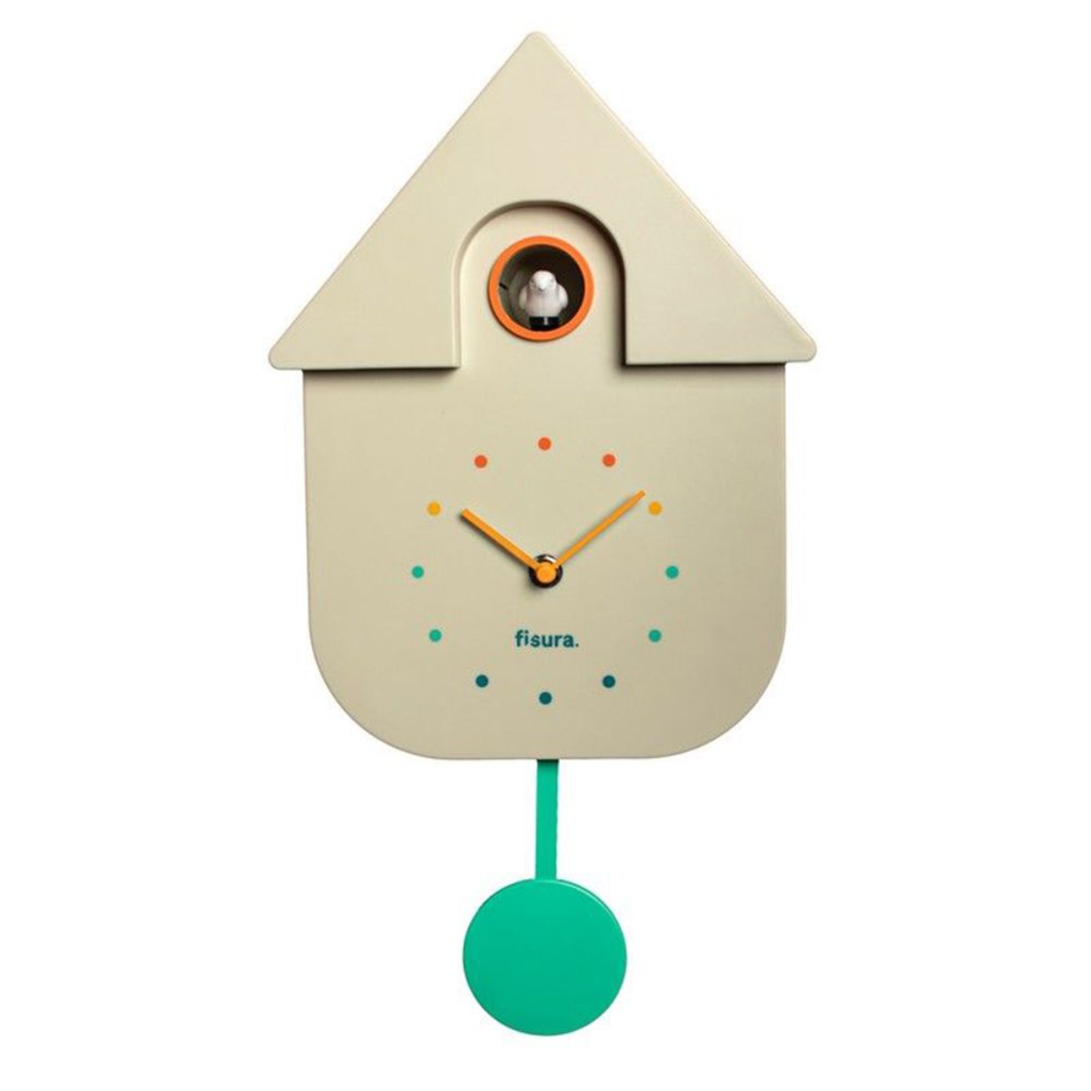 Un orologio da parete a forma di casa. Il quadrante ha dei punti e un uccello dentro una finestra.
