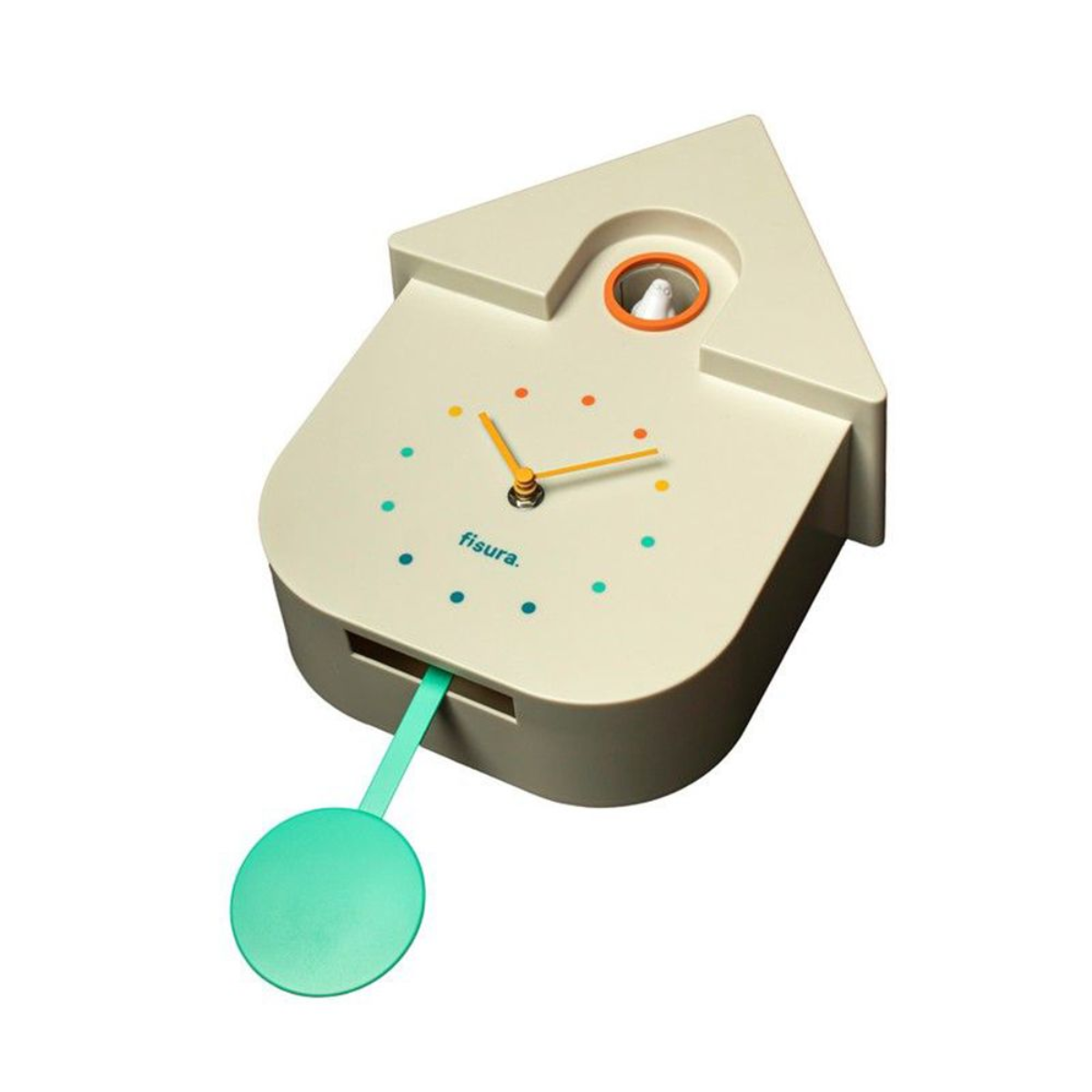 Un orologio a cucù bianco a forma di casa, puntini arancioni e blu e un pendolo verde.