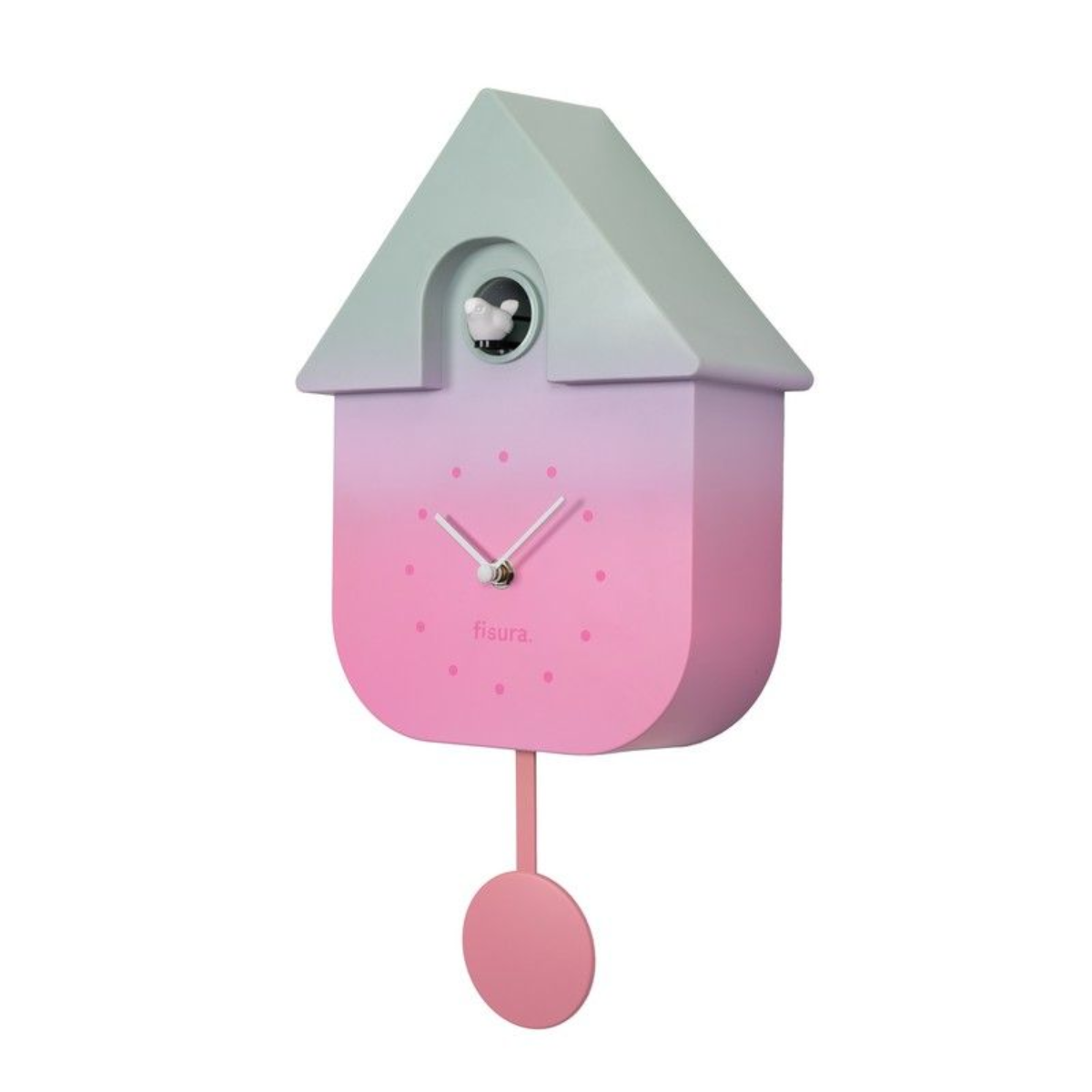 Un orologio a cucù rosa a due toni con un uccello e la parola 'fisura'. Pendolo rosa.