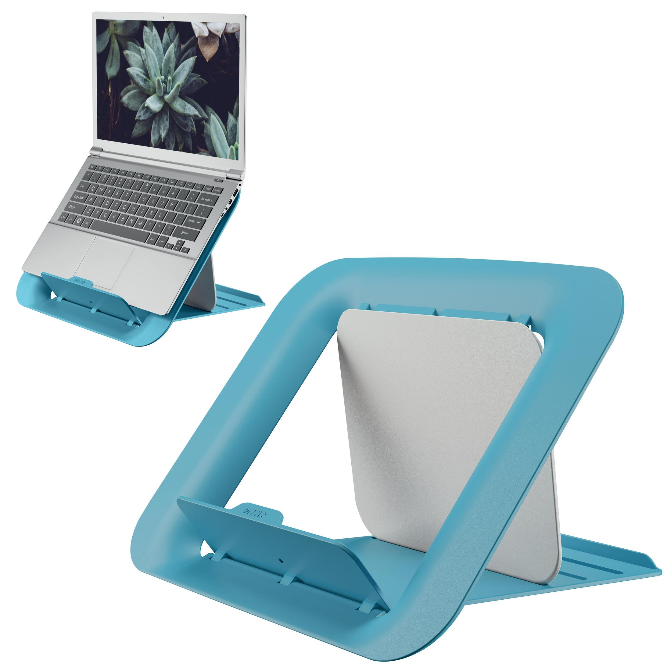 Laptop auf einem blauen Ständer und eine separate Ansicht des Ständers.