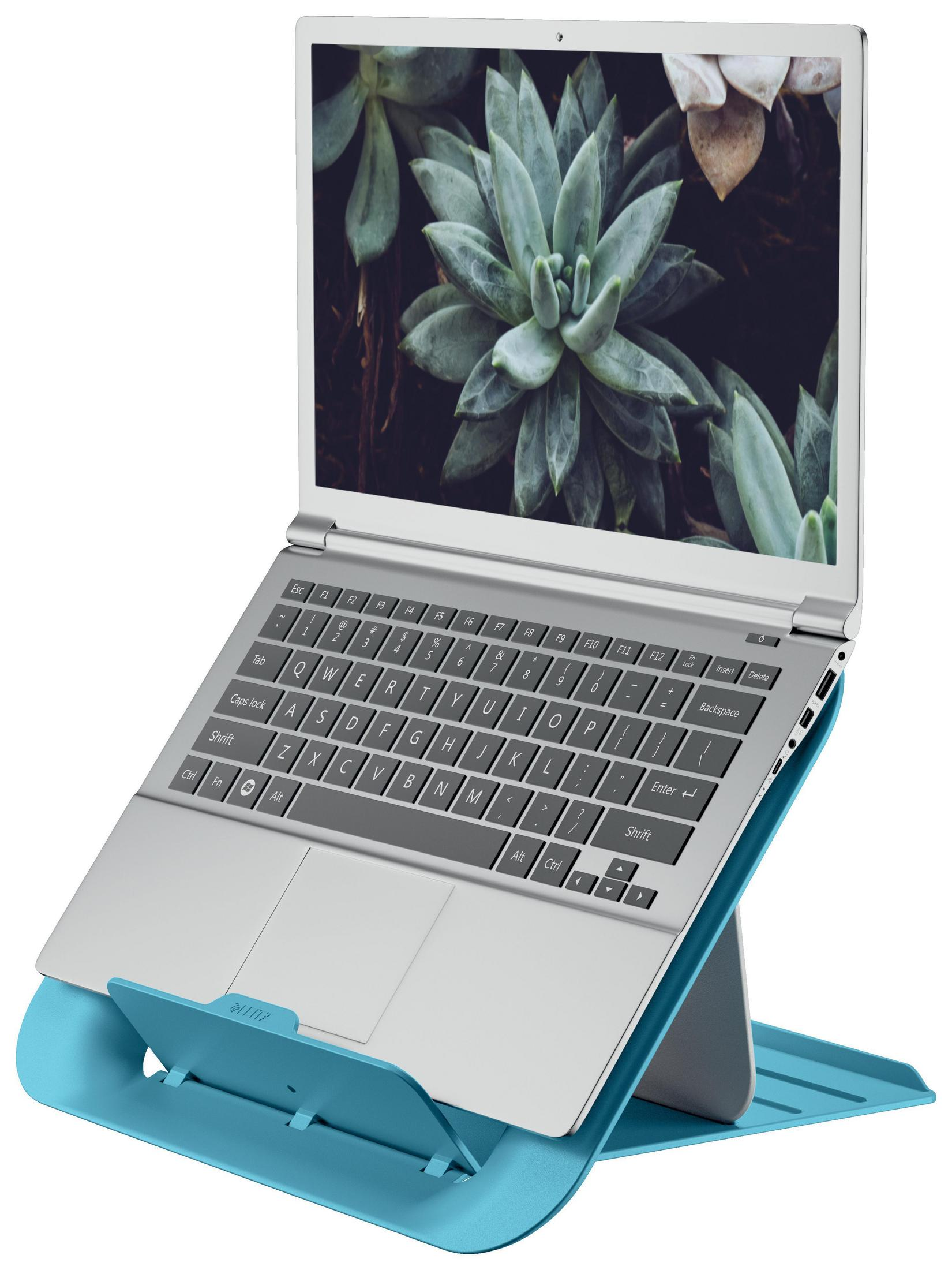 Silberner Laptop auf blauem Ständer, geöffnet, mit Pflanzen auf dem Bildschirm.