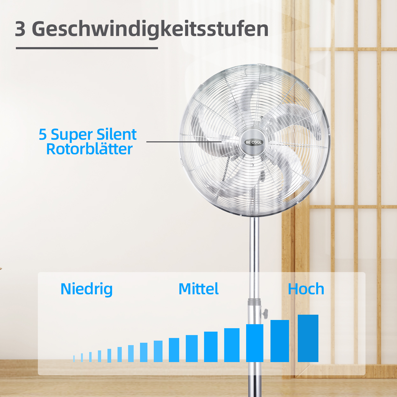Ein Standventilator mit Text, der 3 Geschwindigkeitsstufen und 5 geräuschlose Blätter angibt.