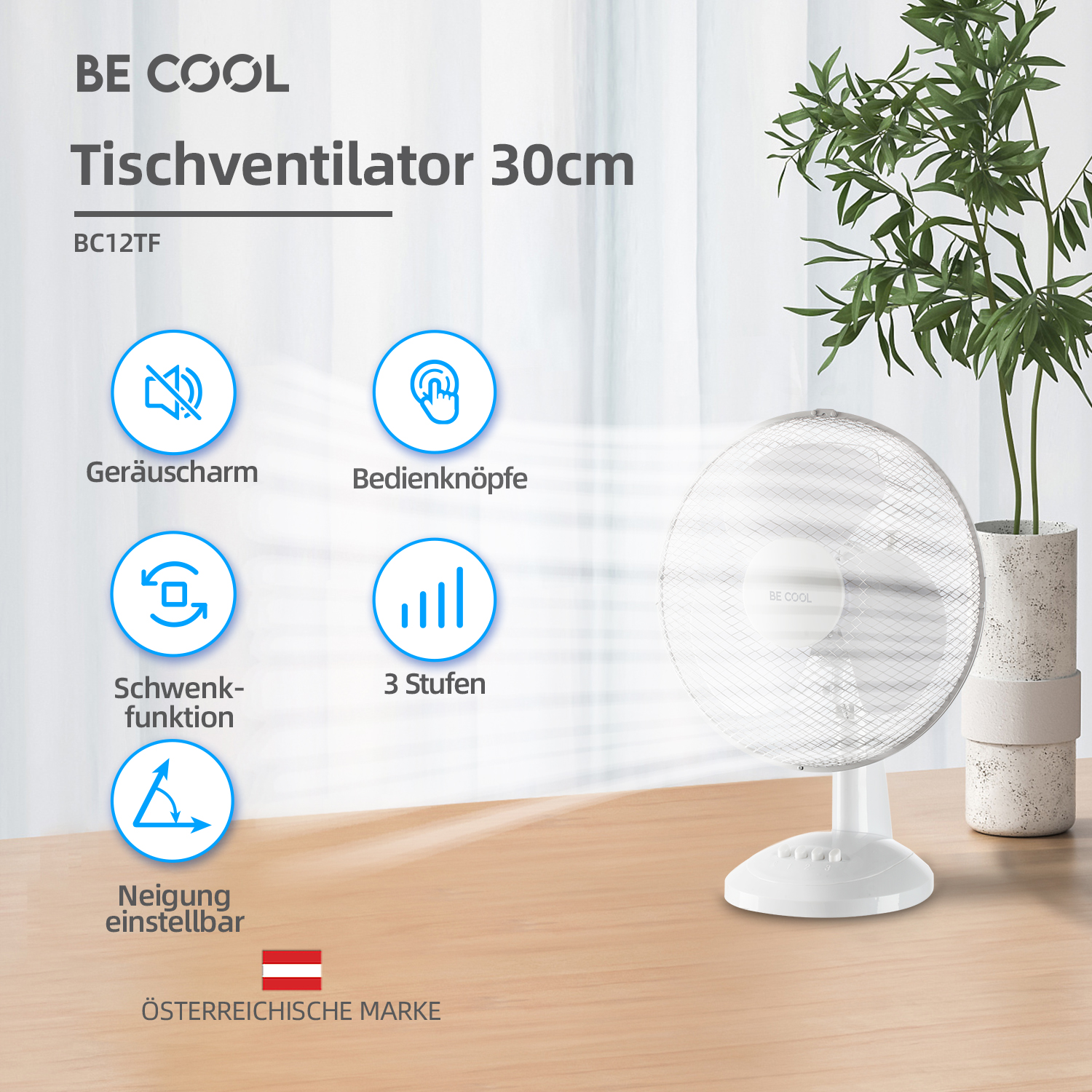 Ein weißer Tischventilator mit Schutzgitter und weißem Sockel. Er hat ein geschwungenes Design und Steuertasten.