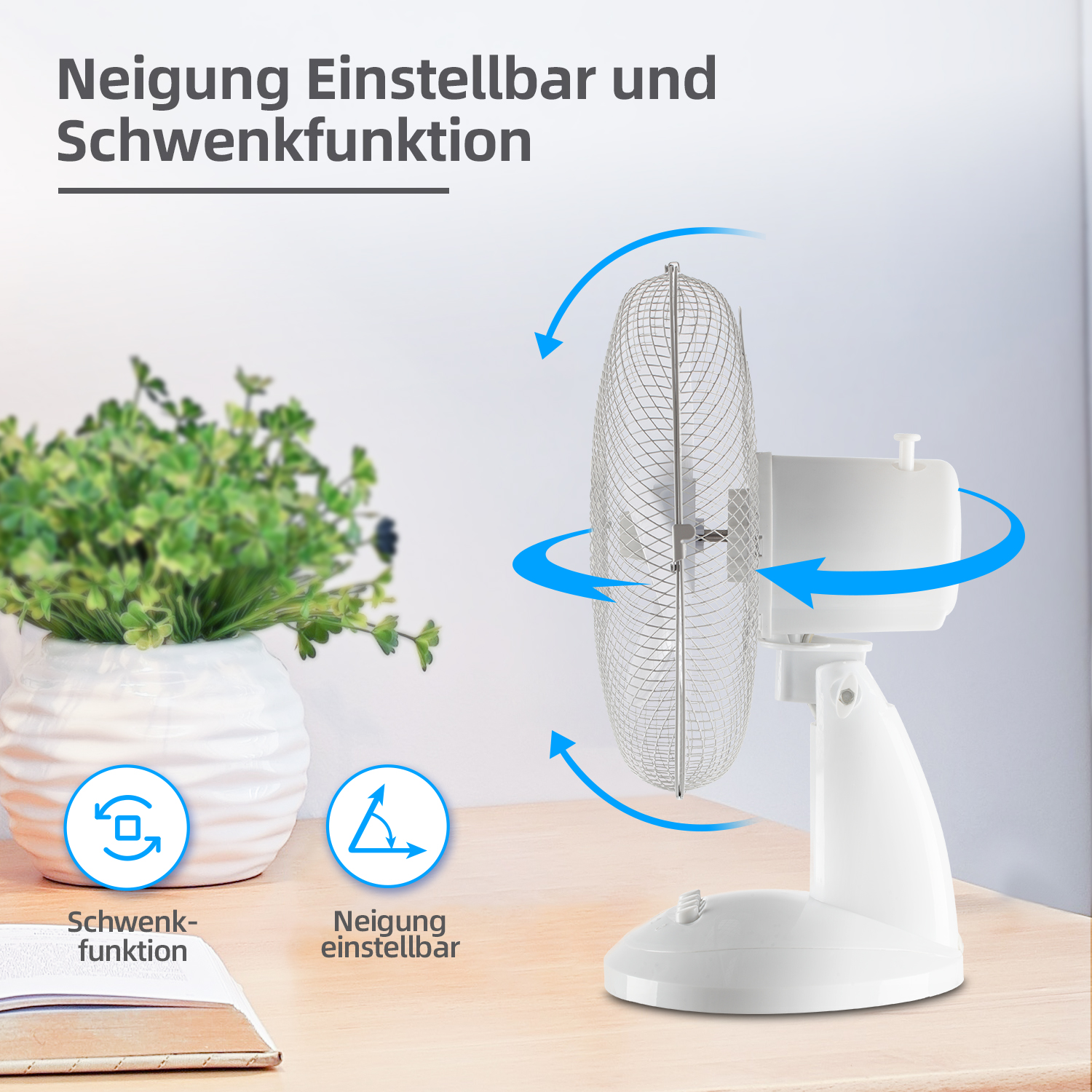 Weißer Tischventilator mit Pflanze, Pfeile zeigen verstellbare Winkel, Textbeschriftungen.