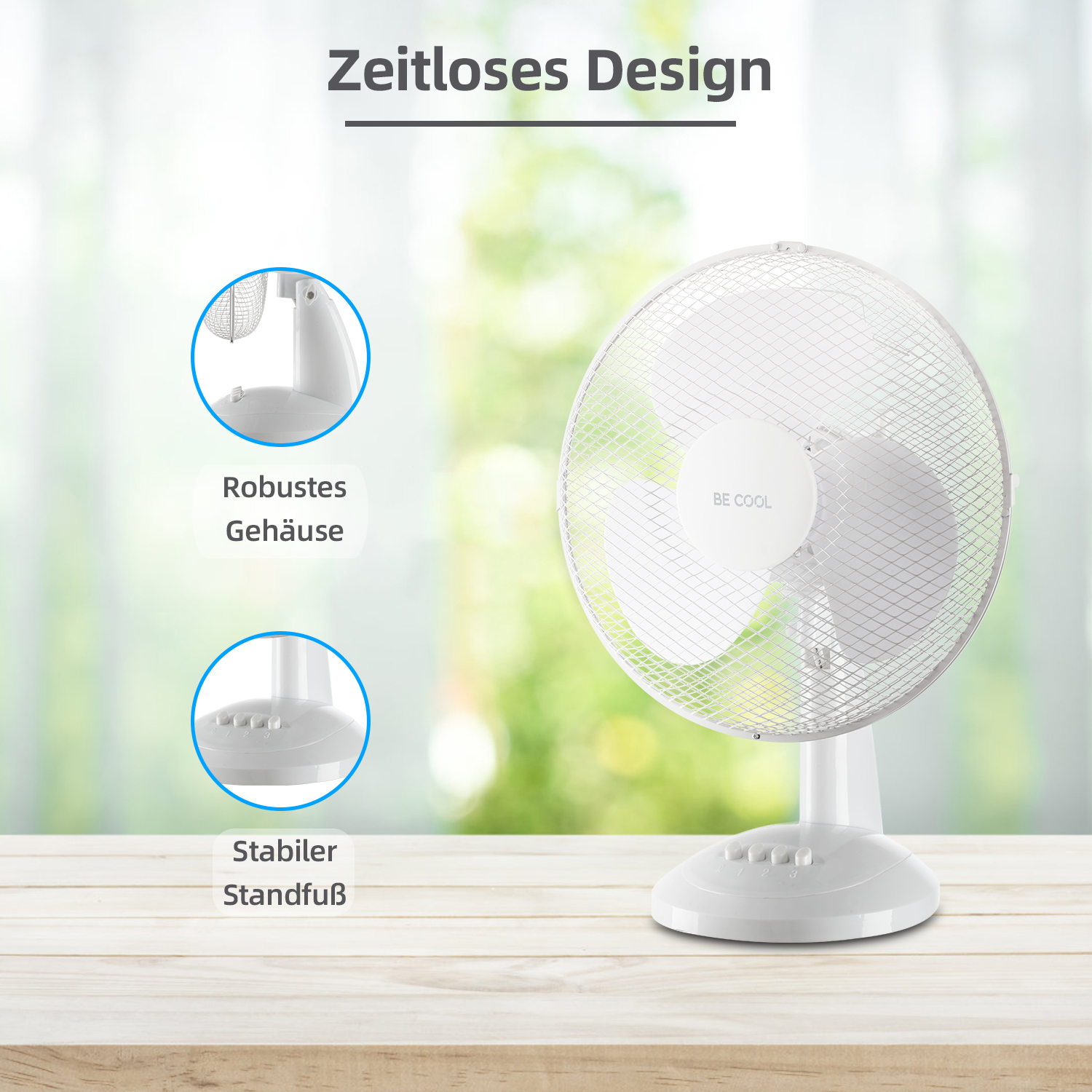 Weißer Ventilator mit Schutzgitter. Textbezeichnungen 'Robustes Gehäuse' und 'Stabiler Standfuß'.