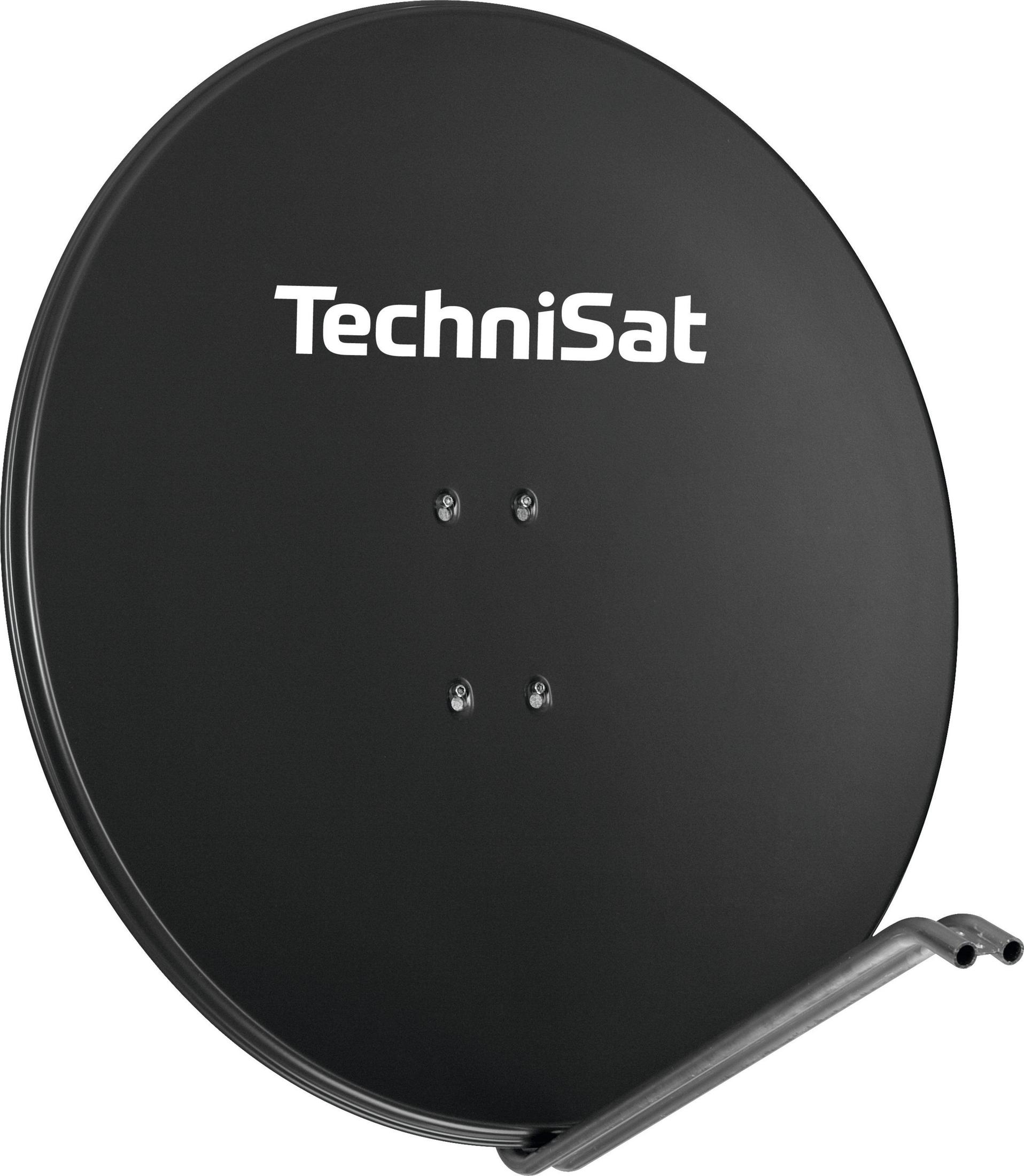 Schwarze Satellitenschüssel mit TechniSat-Logo, an einer Wand montiert.