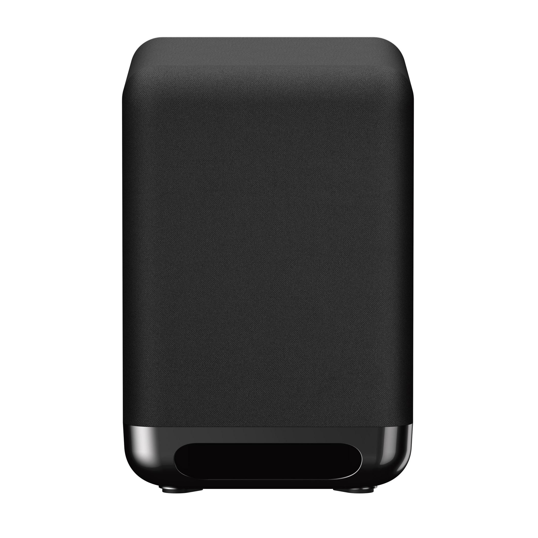 Czarny prostokątny subwoofer z zaokrągloną podstawą i czarnym materiałowym przodem.
