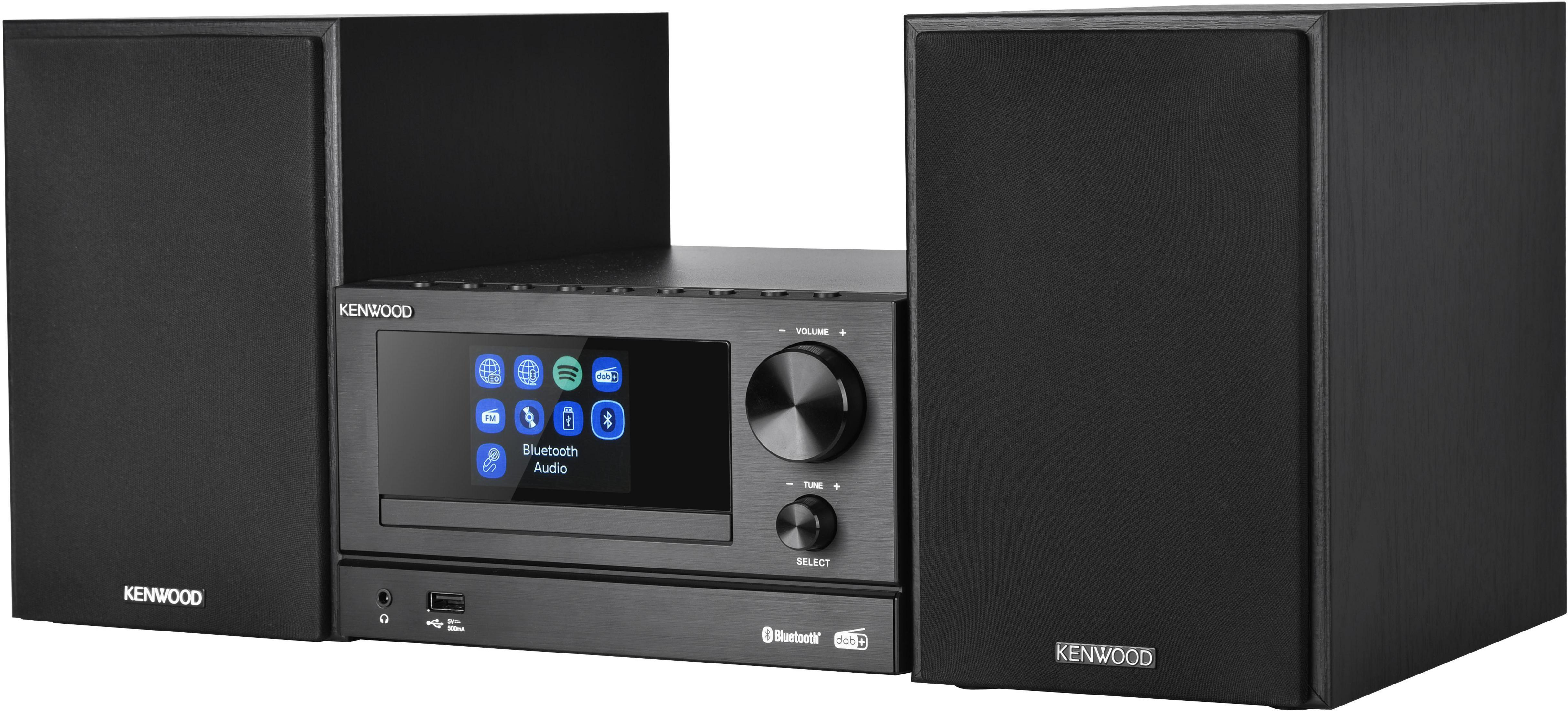 Schwarzes Kenwood-Stereosystem mit zwei Lautsprechern, einer Zentraleinheit und einem USB-Anschluss.