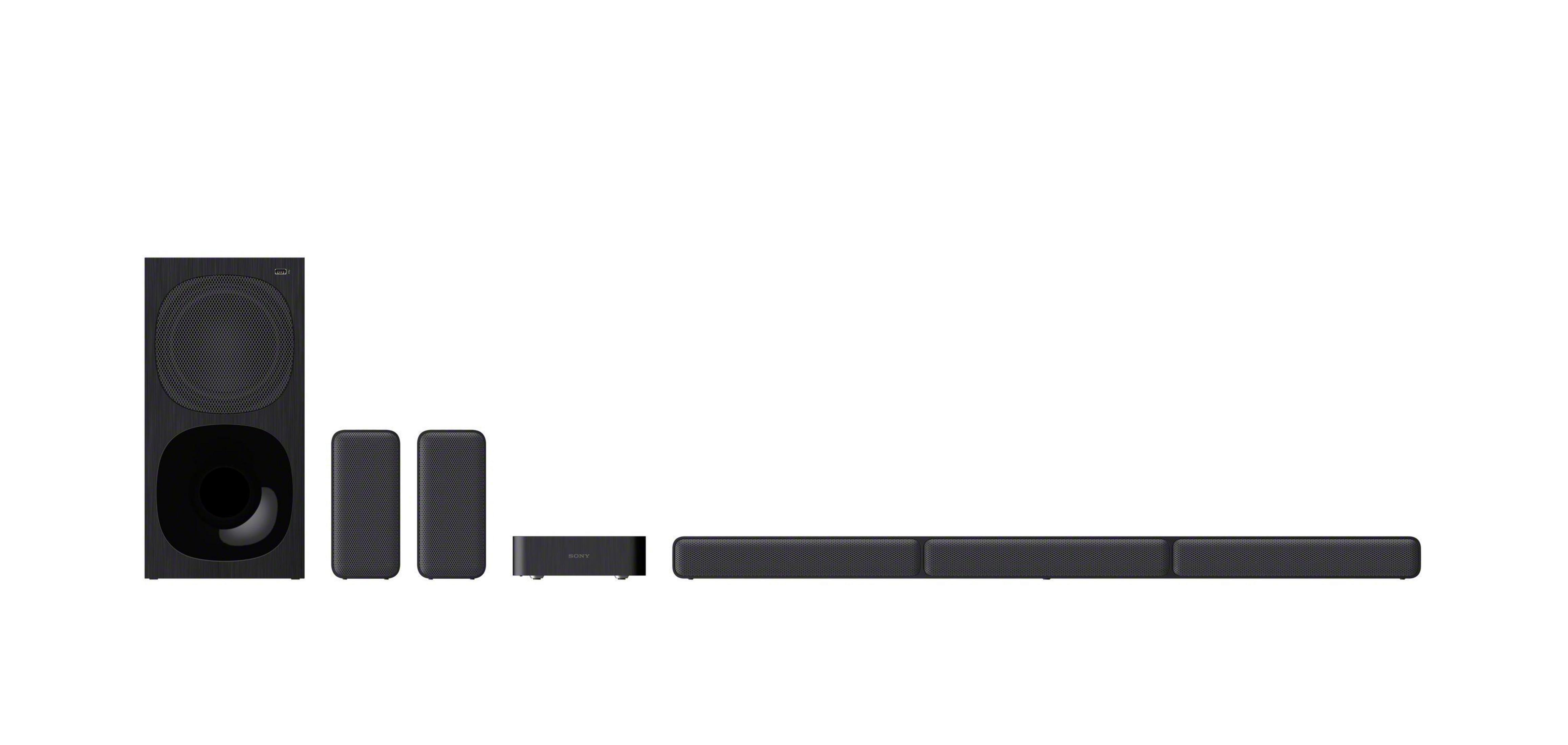 Schwarzes Soundsystem mit Subwoofer, Lautsprechern, Zentraleinheit und Soundbar auf Weiß.