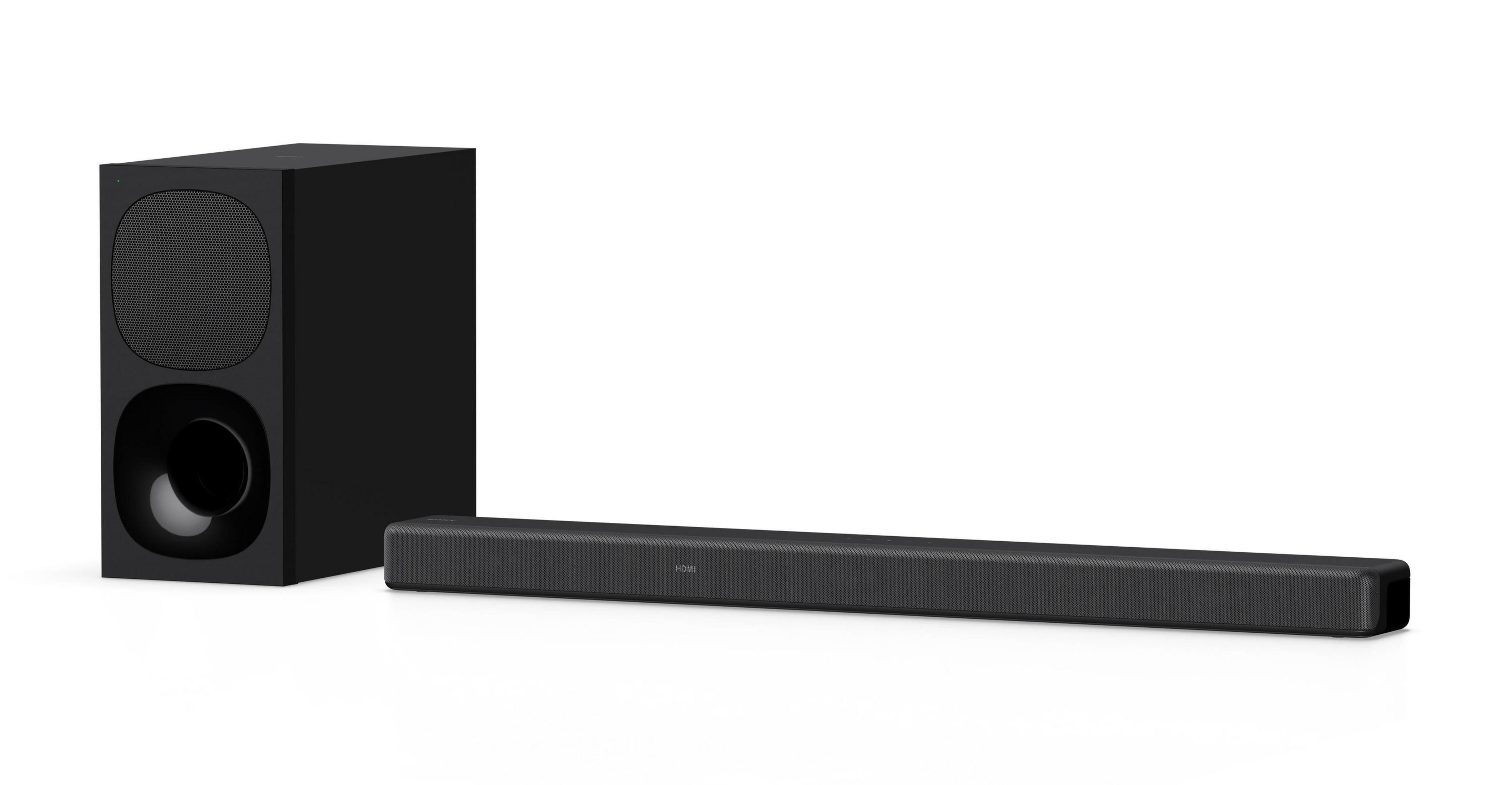 Soundbar e subwoofer neri. Sfondo bianco. Sistema audio moderno.