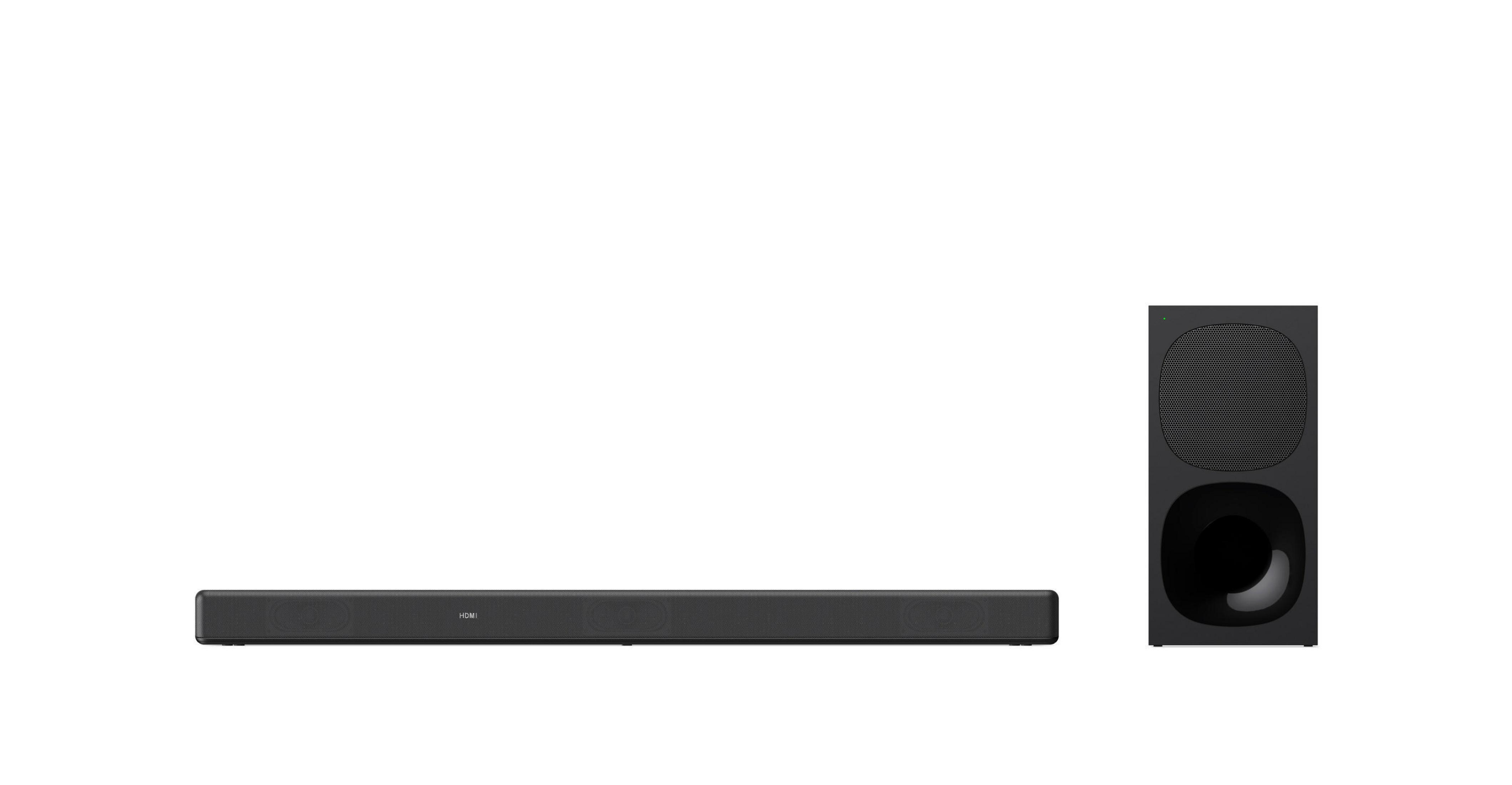 Soundbar e subwoofer neri su sfondo bianco. Logo HDMI sulla soundbar.