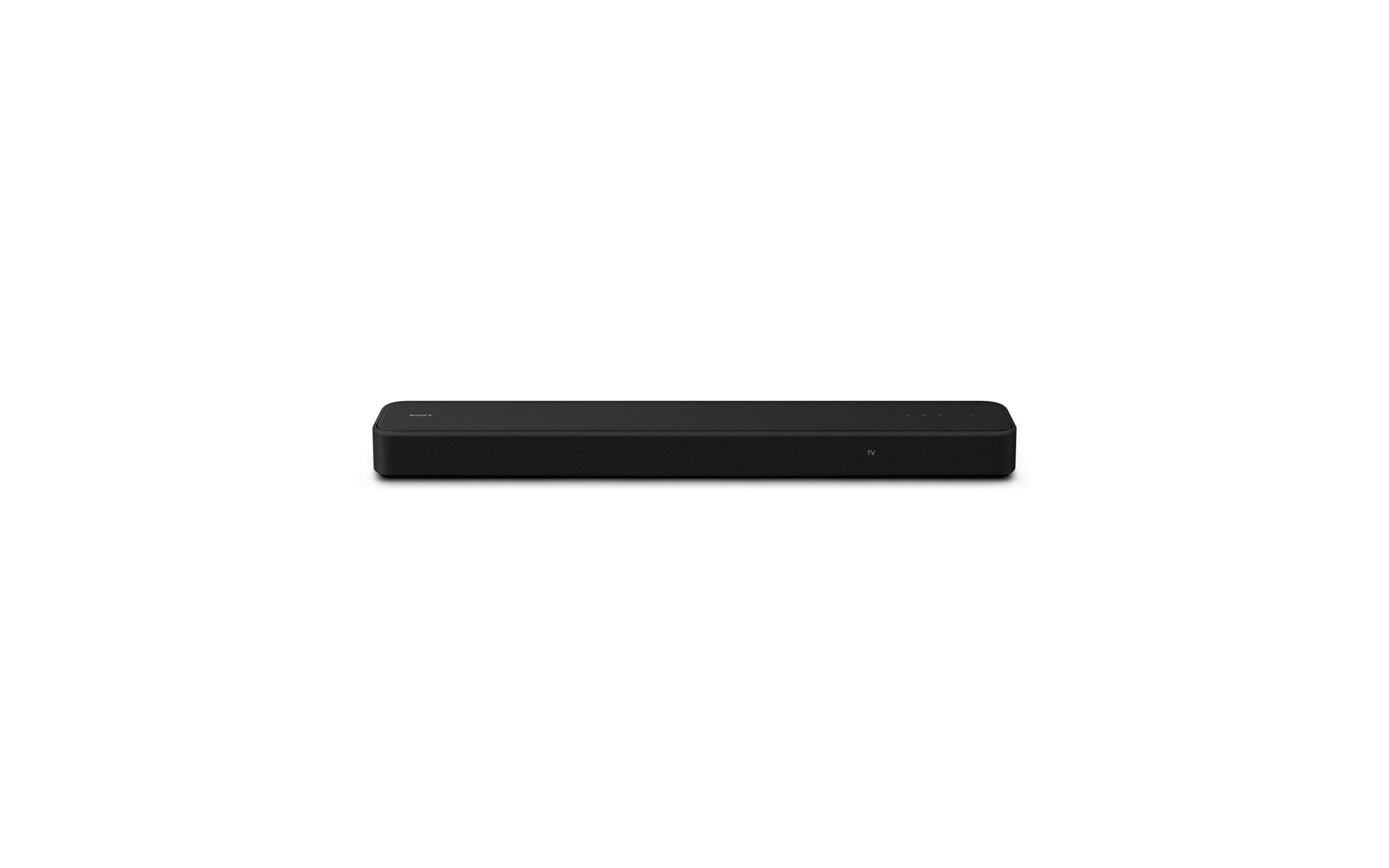 Schwarze Soundbar auf weißem Hintergrund. Einfaches, rechteckiges Design.