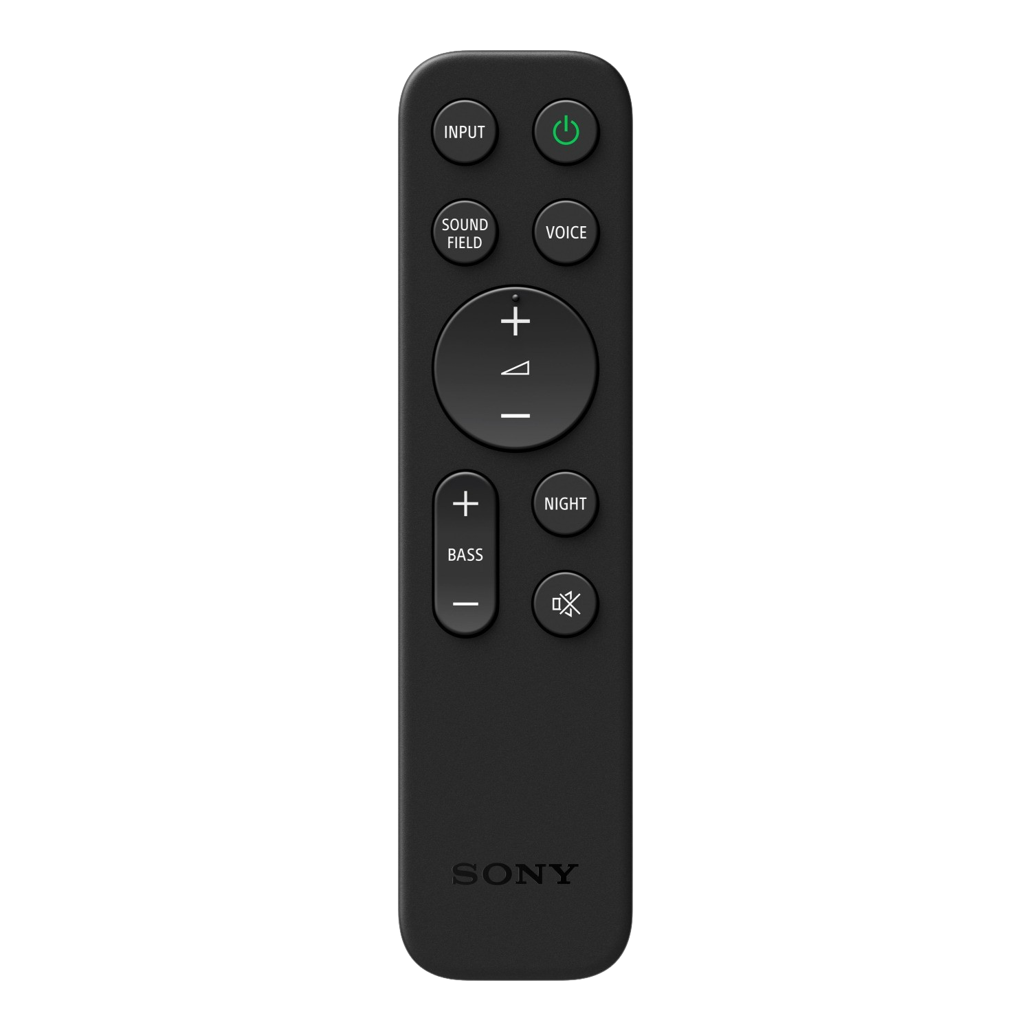 Schwarze Sony-Fernbedienung mit verschiedenen Tasten, darunter Eingang, Lautstärke, Bass und Sprachsteuerung.