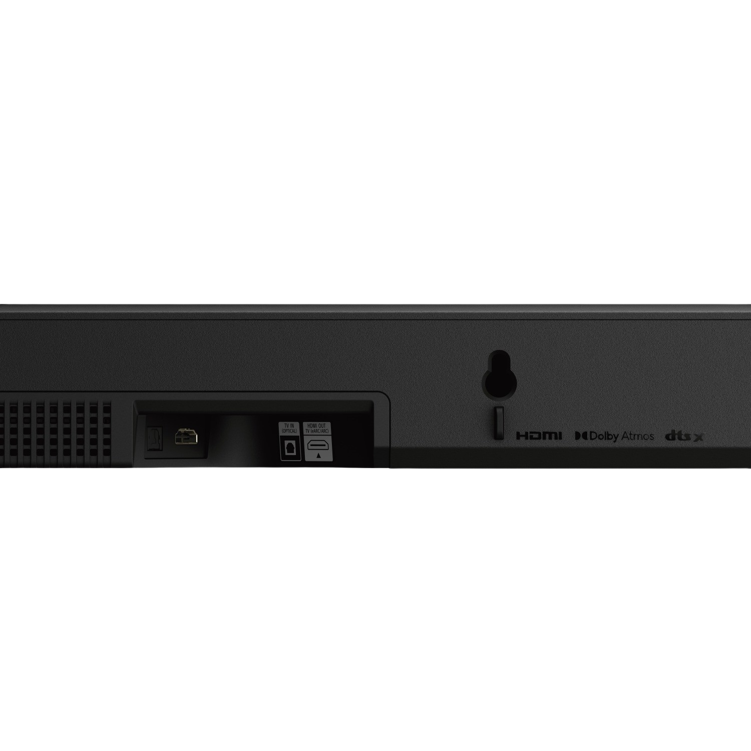 Rückseite der schwarzen Soundbar mit Anschlüssen. HDMI, Dolby Atmos und DTS Logos sichtbar.
