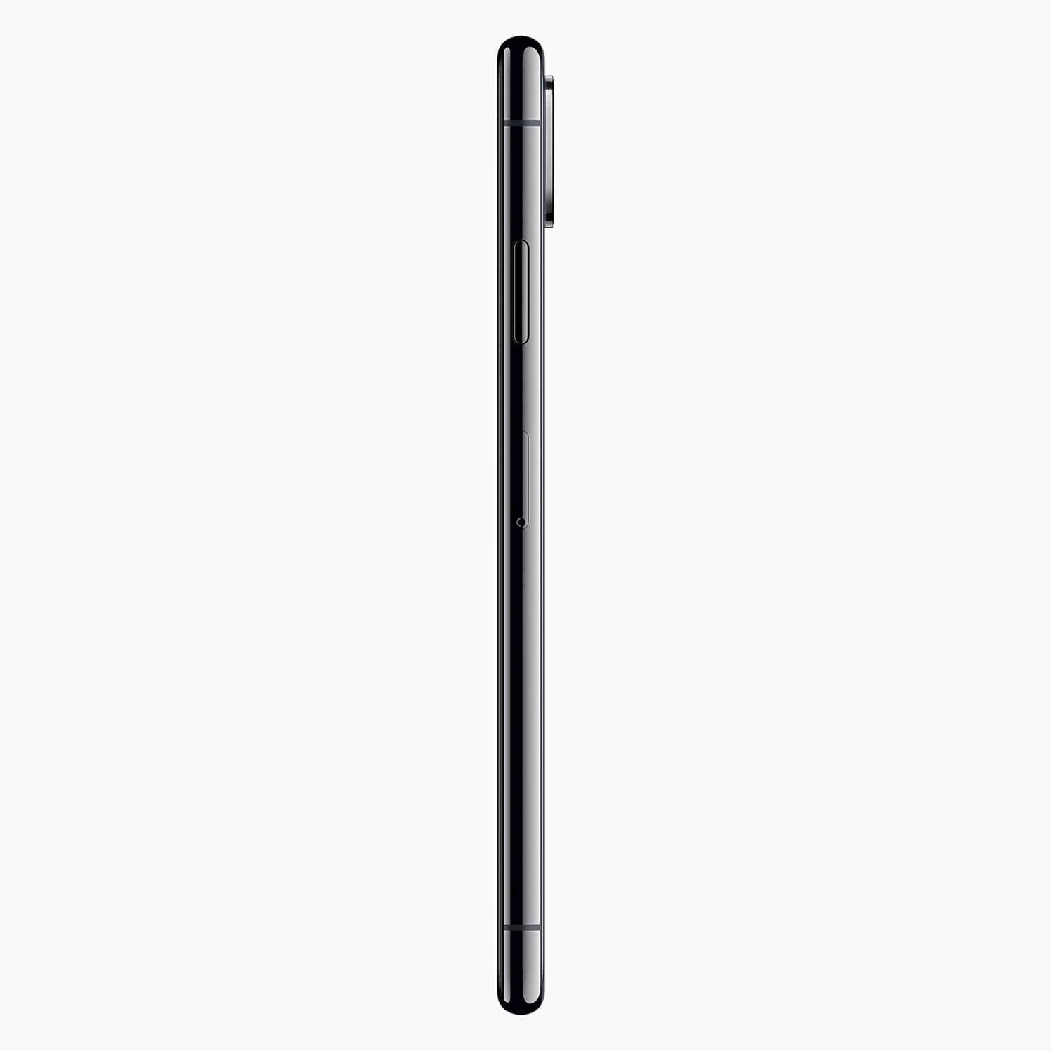 Vue latérale d'un smartphone noir avec un cadre fin, sur fond blanc. Le téléphone est centré.
