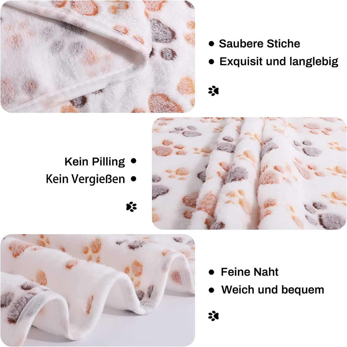 Nahaufnahme einer weichen, weißen Decke mit Pfotenabdrücken, mit deutschem Text.