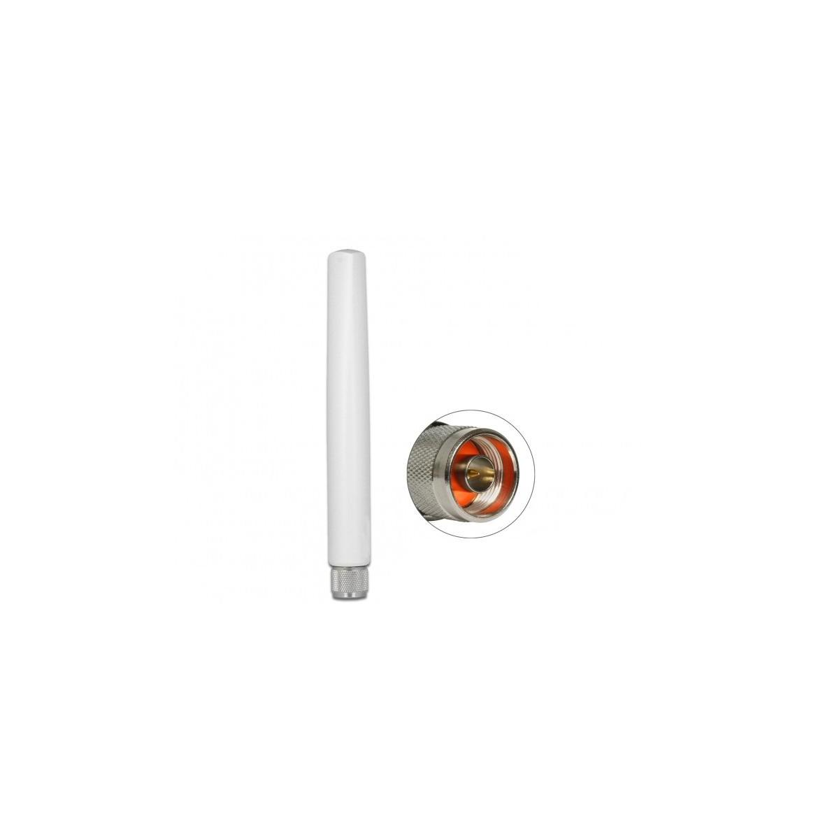 Weiße Antenne mit Stecker. Die Antenne ist ein langes, dünnes Rohr.