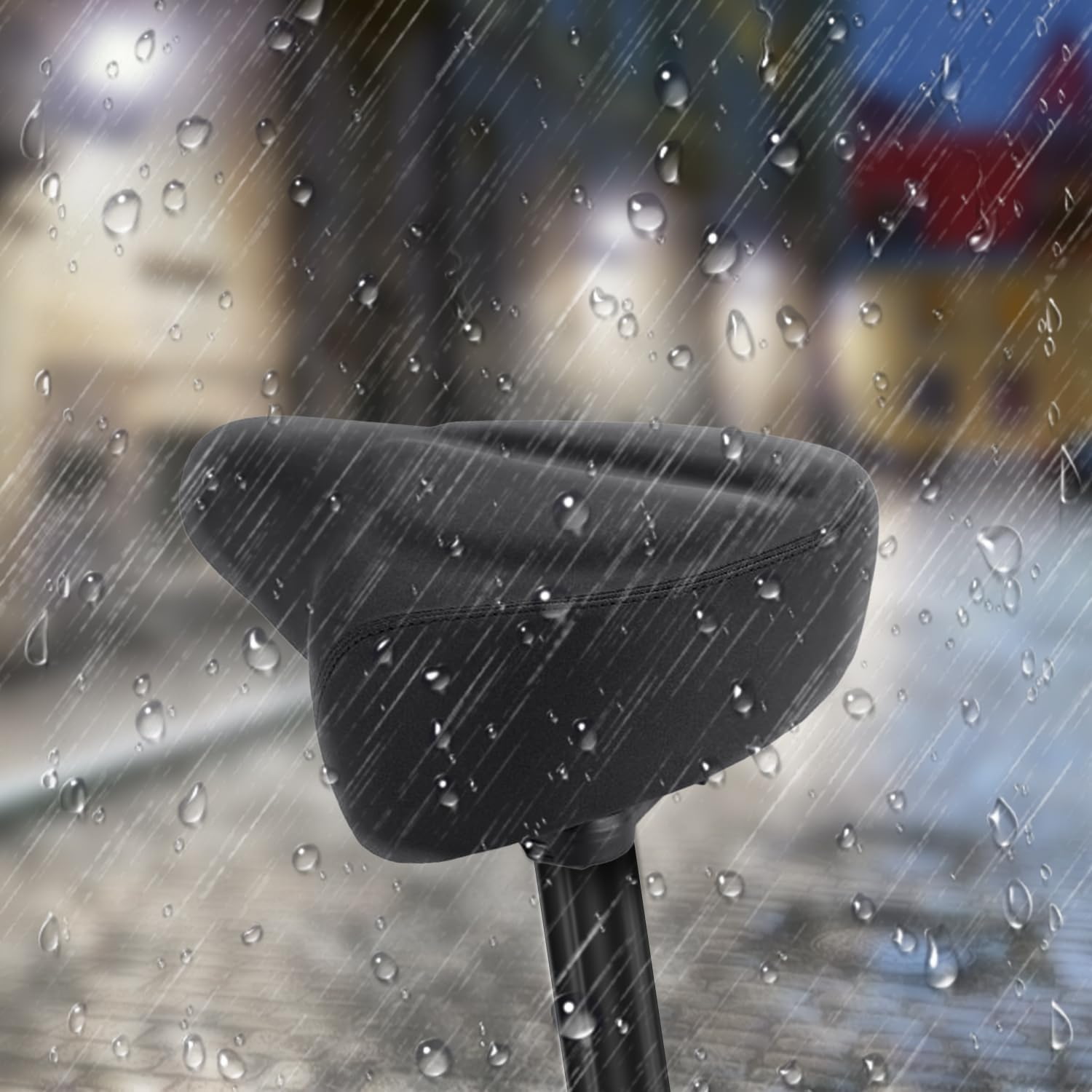 Schwarzer Fahrradsattel im Regen, nass mit Tropfen, verschwommener Hintergrund einer Straßenszene.