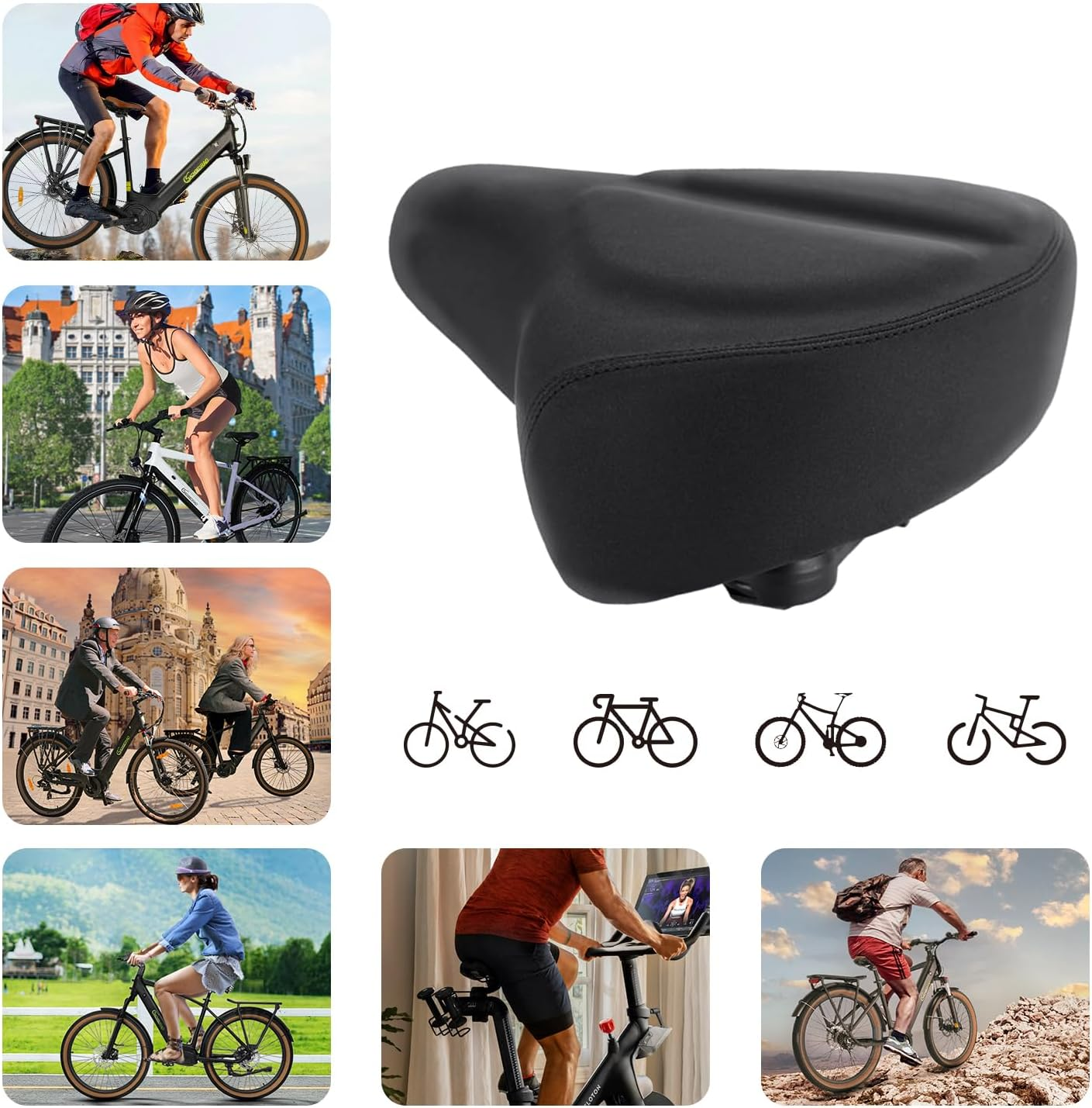 Ein schwarzer Fahrradsattel vor dem Hintergrund verschiedener Radszenen und Fahrrad-Icons.