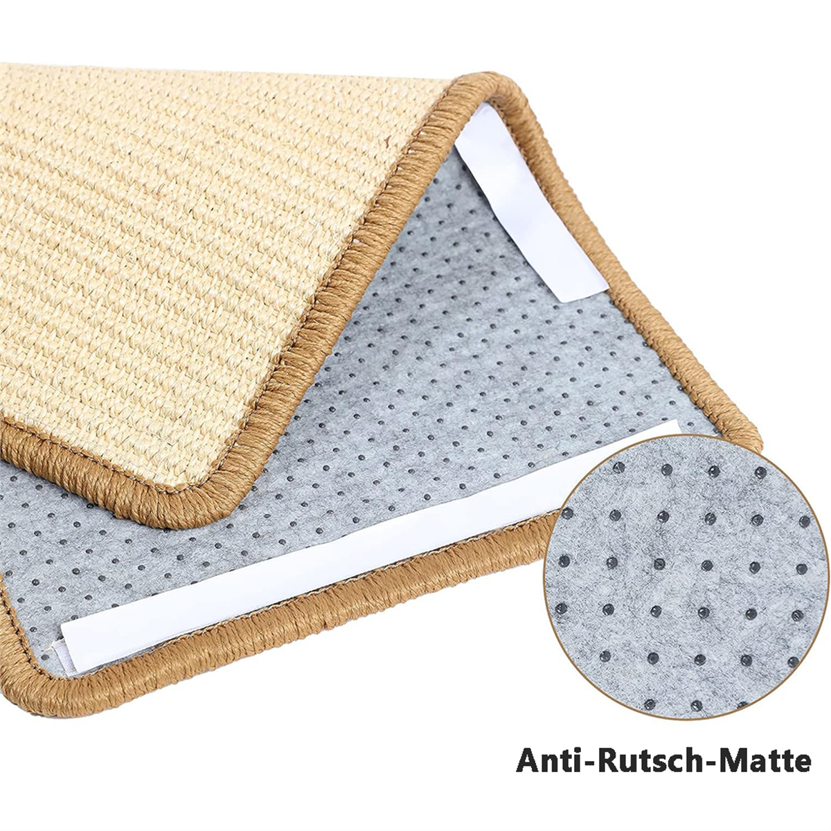 Nahaufnahme eines beige-braunen Teppichs mit Anti-Rutsch-Rückseite. Die Rückseite ist grau mit schwarzen Punkten.