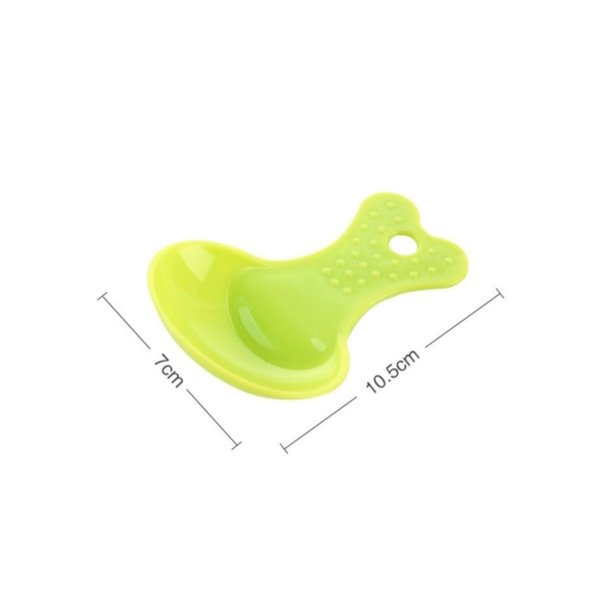 Grüner Babylöffel mit Griff. Der Löffel ist 7 cm breit und 10,5 cm lang, auf weißem Hintergrund.