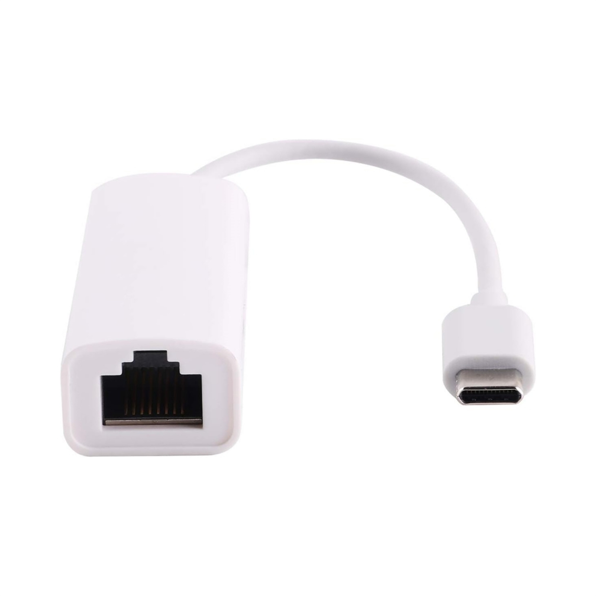 Ein weißer Ethernet-Adapter mit USB-C-Anschluss auf weißem Hintergrund.