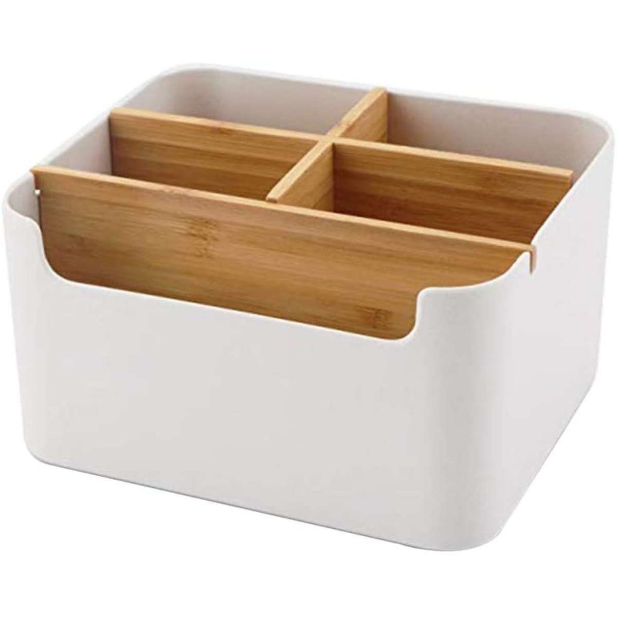 Eine weiße Box mit Holzteilern, die vier Fächer bilden.