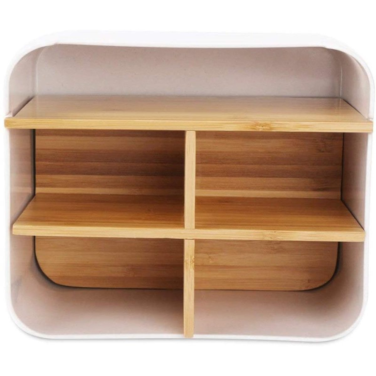 Weißer Schreibtischorganizer mit Holzregalen. Es hat eine quaderförmige Form und geteilte Fächer.