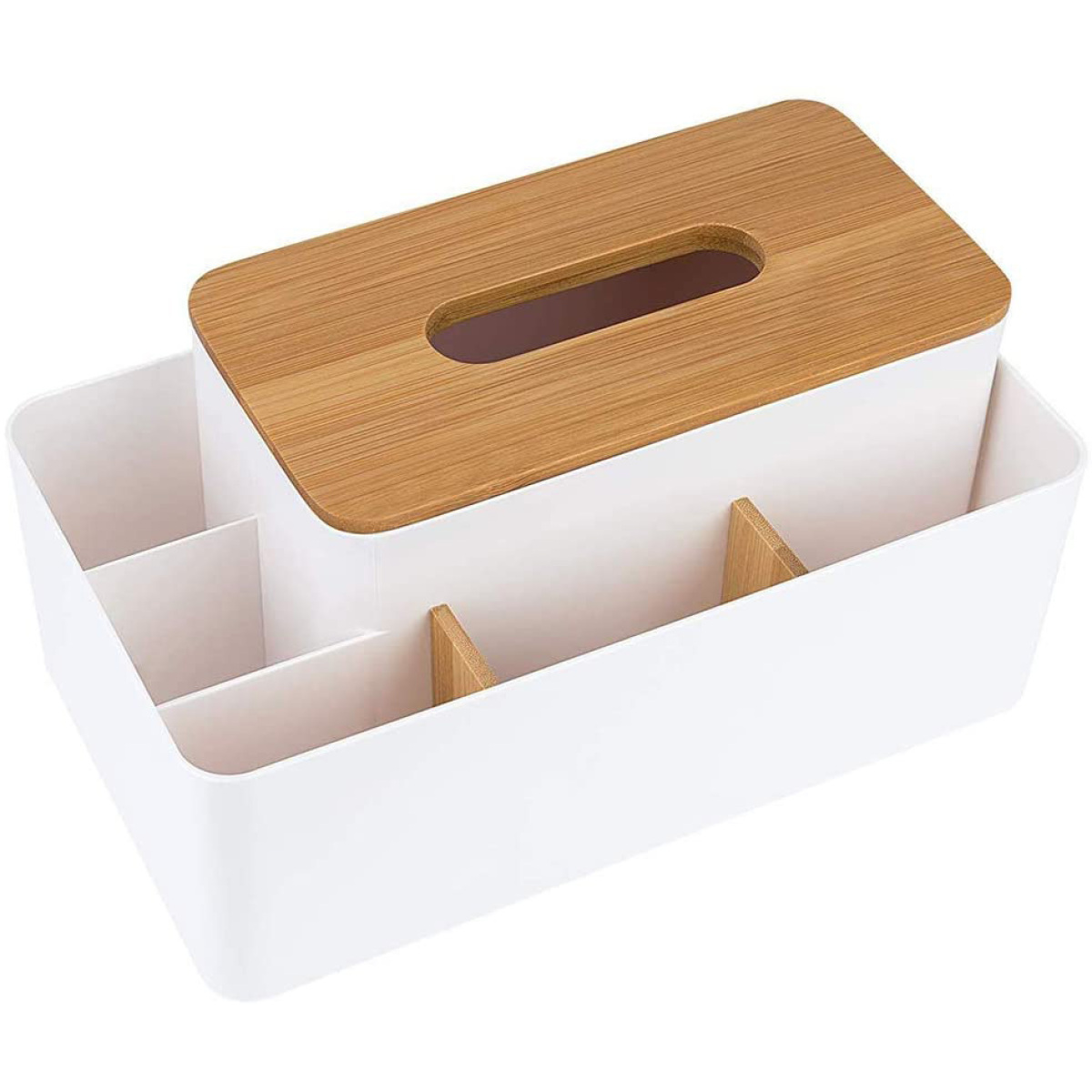 Weiße Taschentuchbox mit Holzdeckel und Fächern. Weißer Hintergrund.