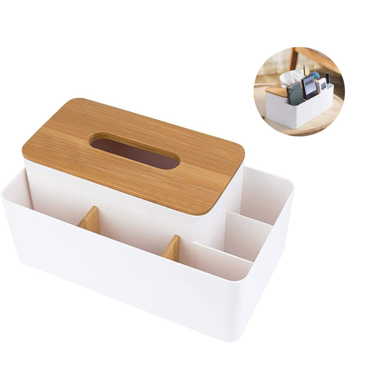Eine weiße Taschentuchbox mit Holzdeckel und Fächern zur Aufbewahrung, vor weißem Hintergrund.