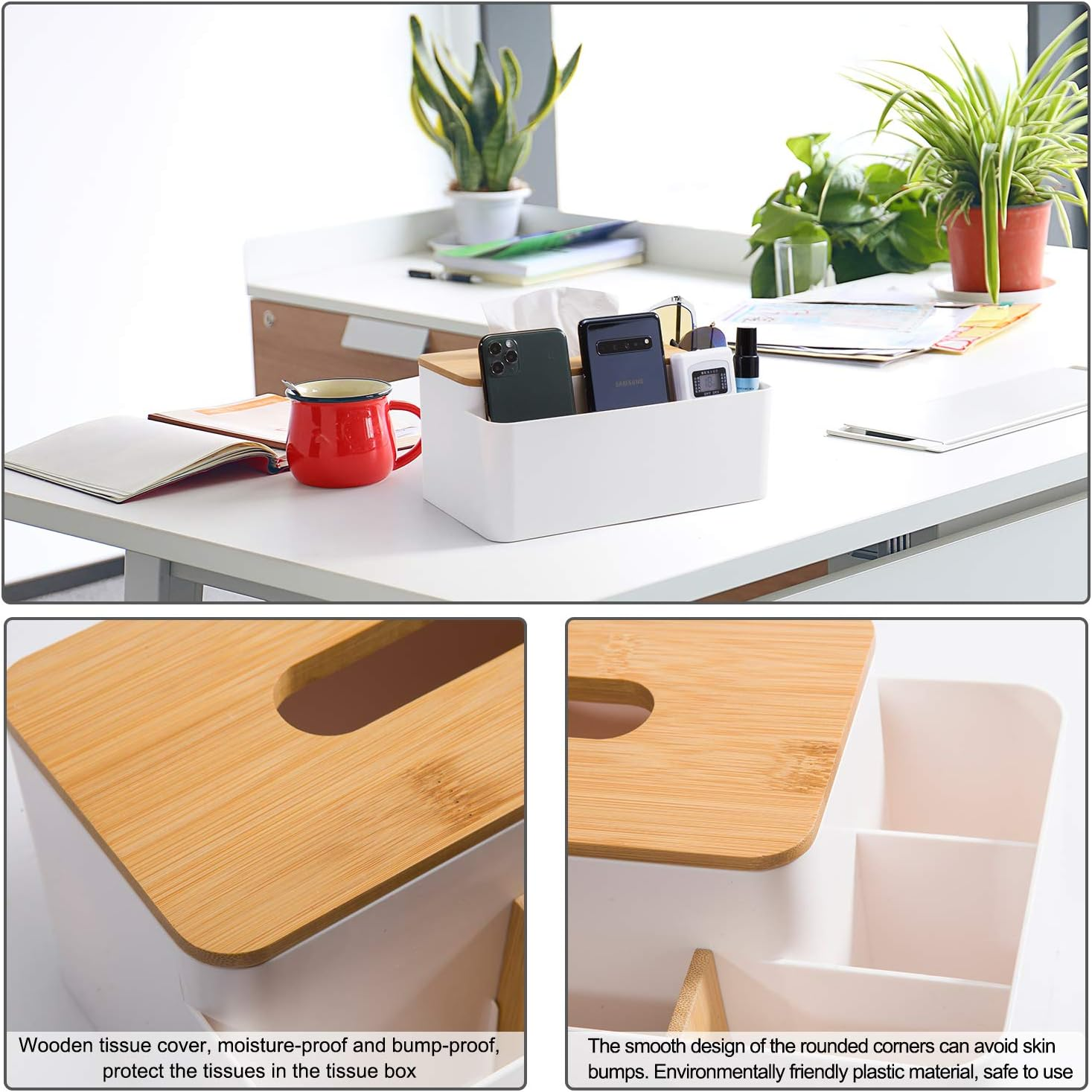 Eine weiße Taschentuchbox mit Holzdeckel, ein roter Becher und Büromaterialien auf einem Schreibtisch.