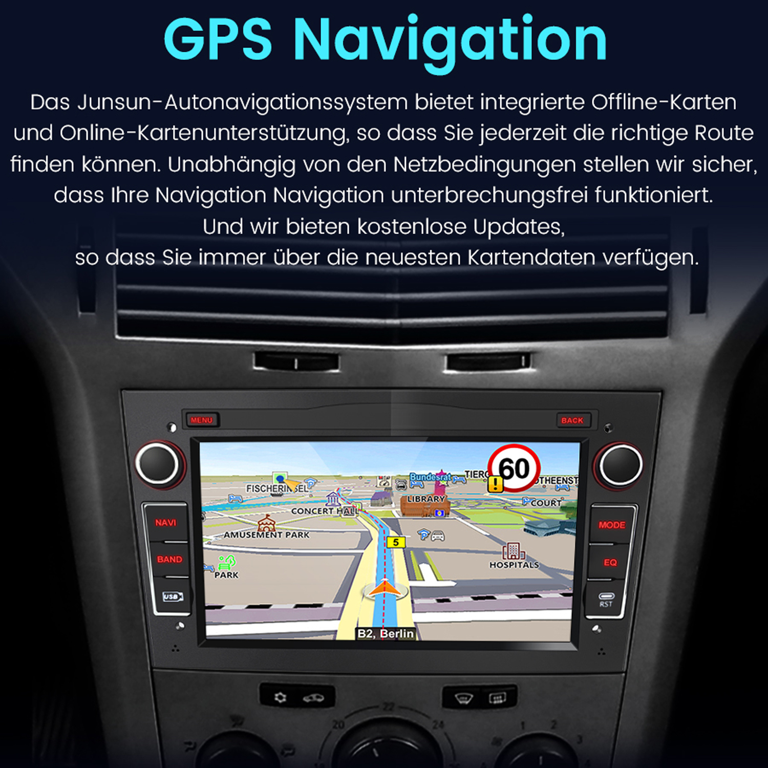 Auto-Navigationsbildschirm mit einer Karte mit Routenführung und Knöpfen. Der Bildschirm befindet sich in einem Auto.