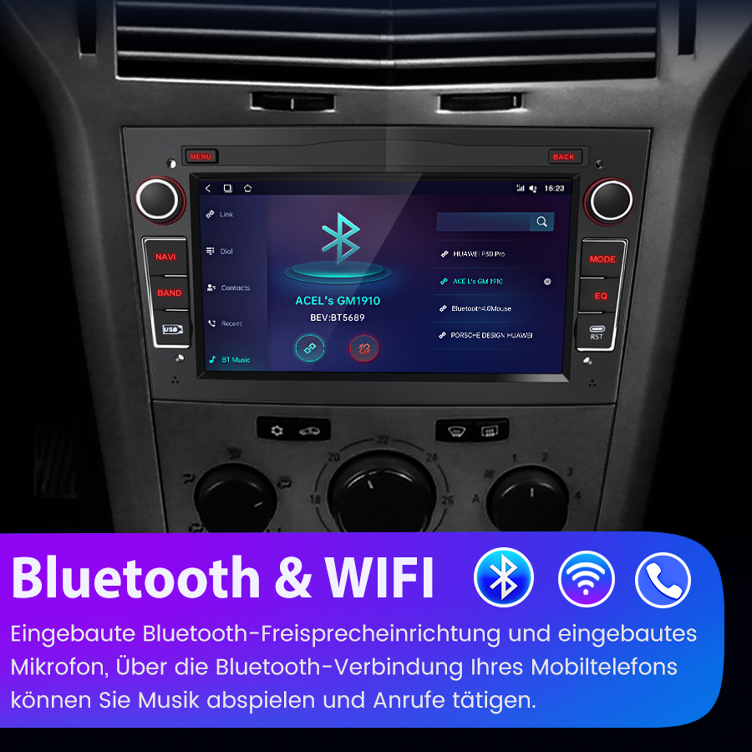 Auto-Stereo-Schnittstellenbildschirm mit Menübuttons und einem Bluetooth & WiFi-Zeichen.