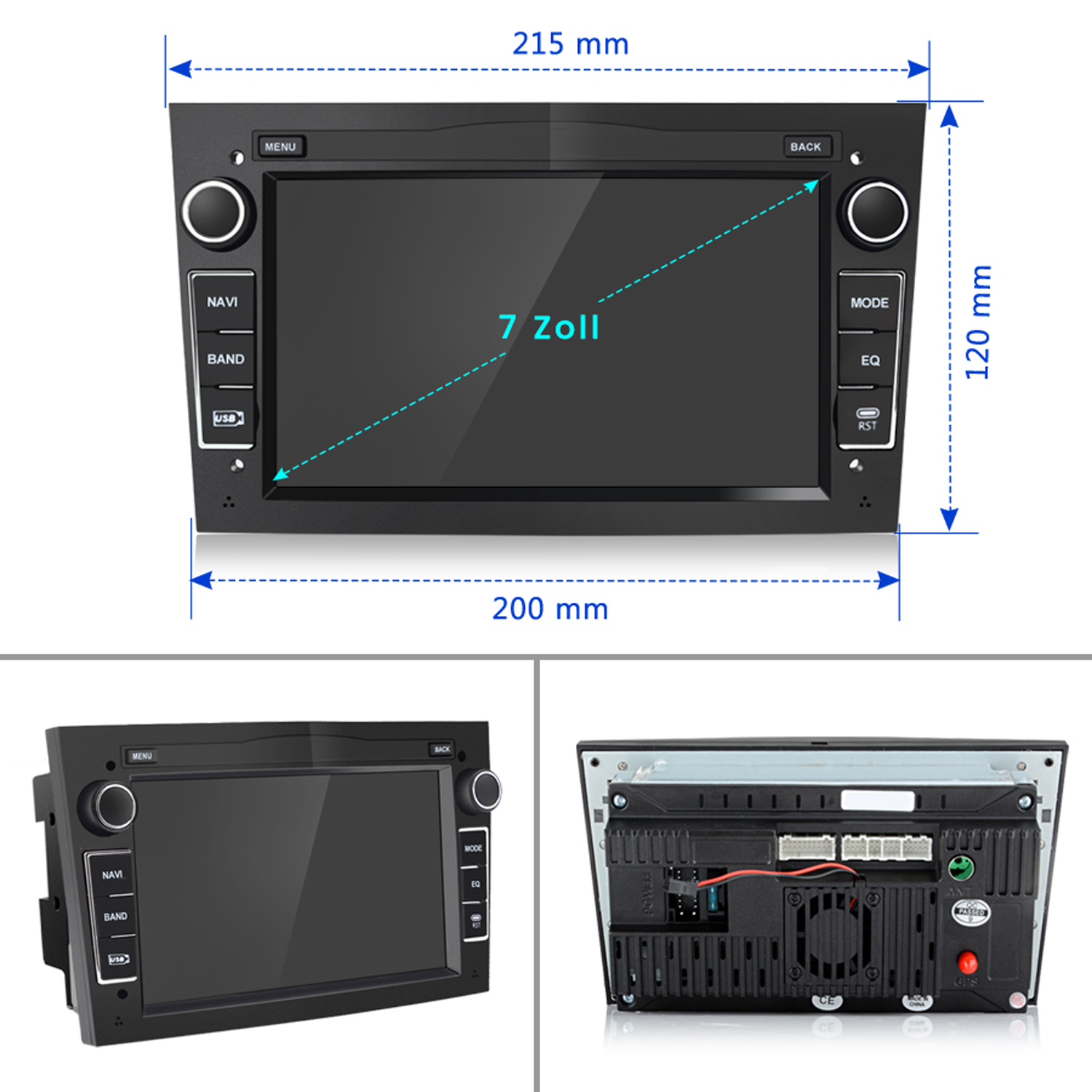 Autoradio mit großem Bildschirm. Abmessungen: 215 mm x 120 mm x 200 mm. Text: 7 Zoll. Zusätzliche Komponenten.