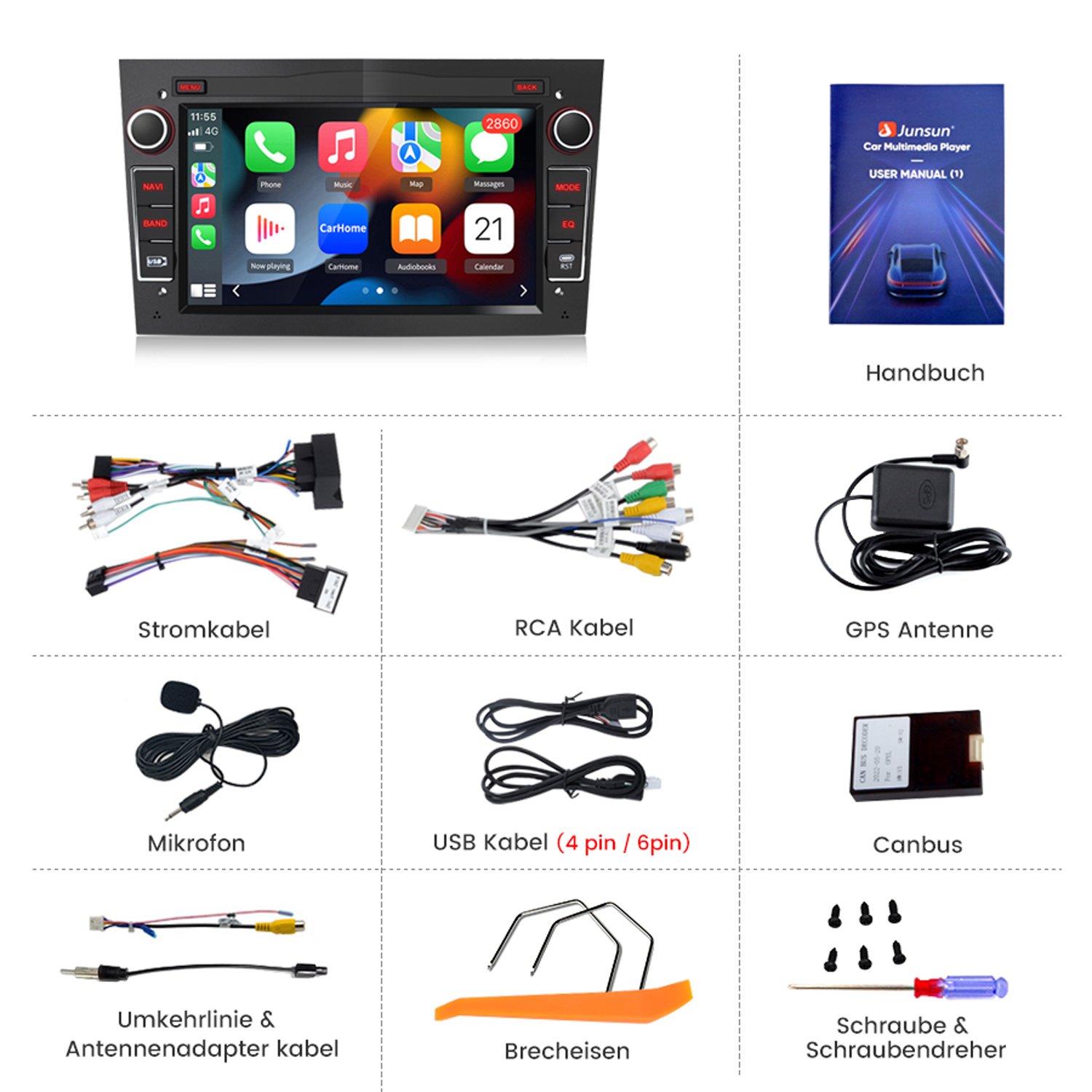 Ein Auto-Multimedia-Player mit Zubehör wie Kabel, GPS-Antenne und Benutzerhandbuch.