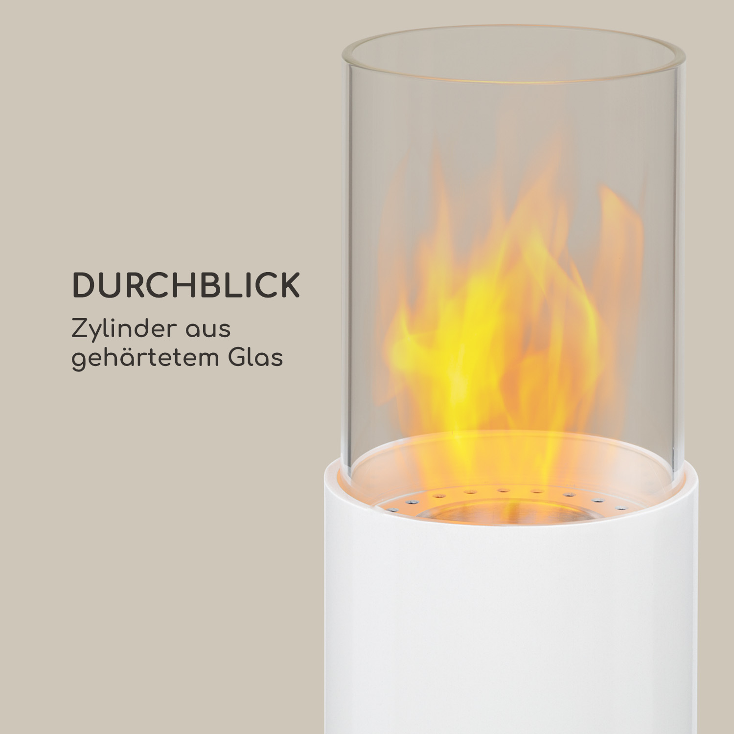 Lampada cilindrica bianca e di vetro con fiamme all'interno, su sfondo beige.
