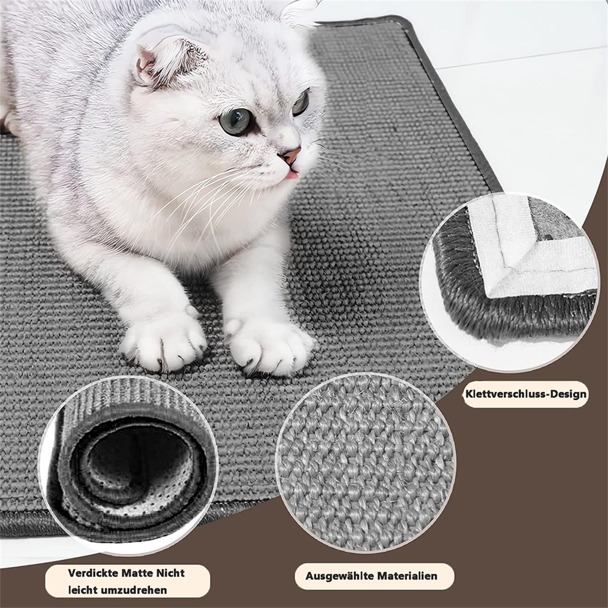 Katze liegt auf grauer Matte, mit Nahaufnahmen der Textur und Details der Matte.